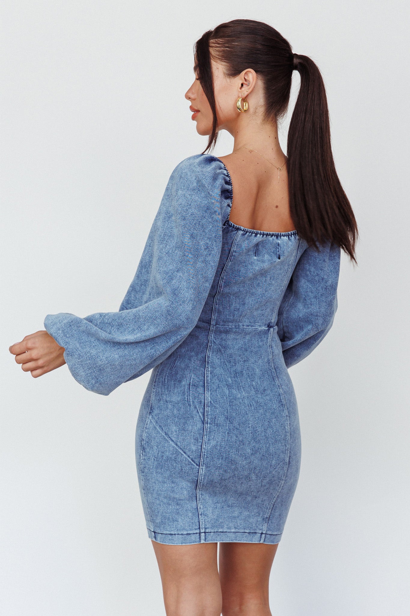 Tasmyn Balloon Sleeve Zipper Mini Dress Denim-Maymioy