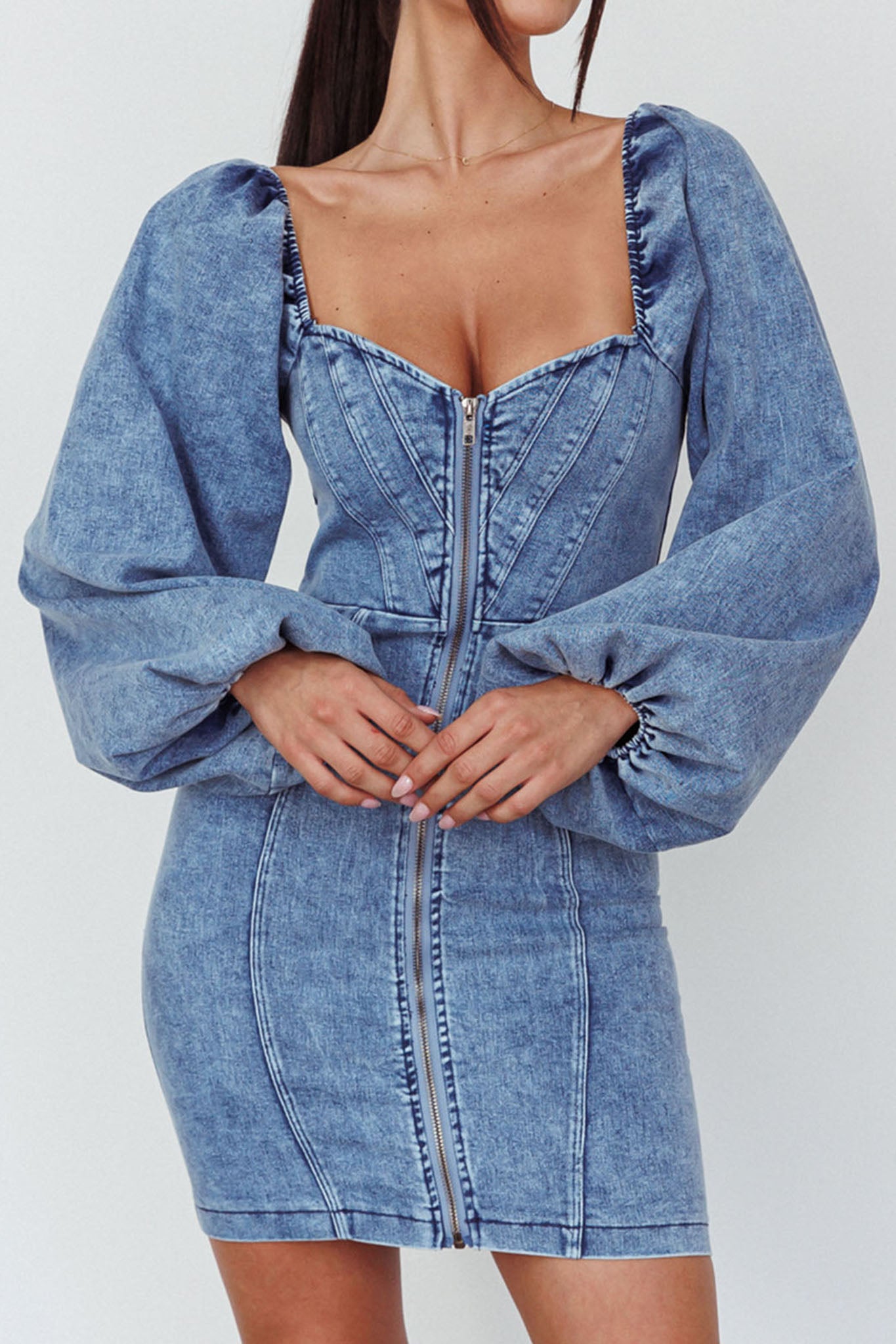 Tasmyn Balloon Sleeve Zipper Mini Dress Denim-Maymioy