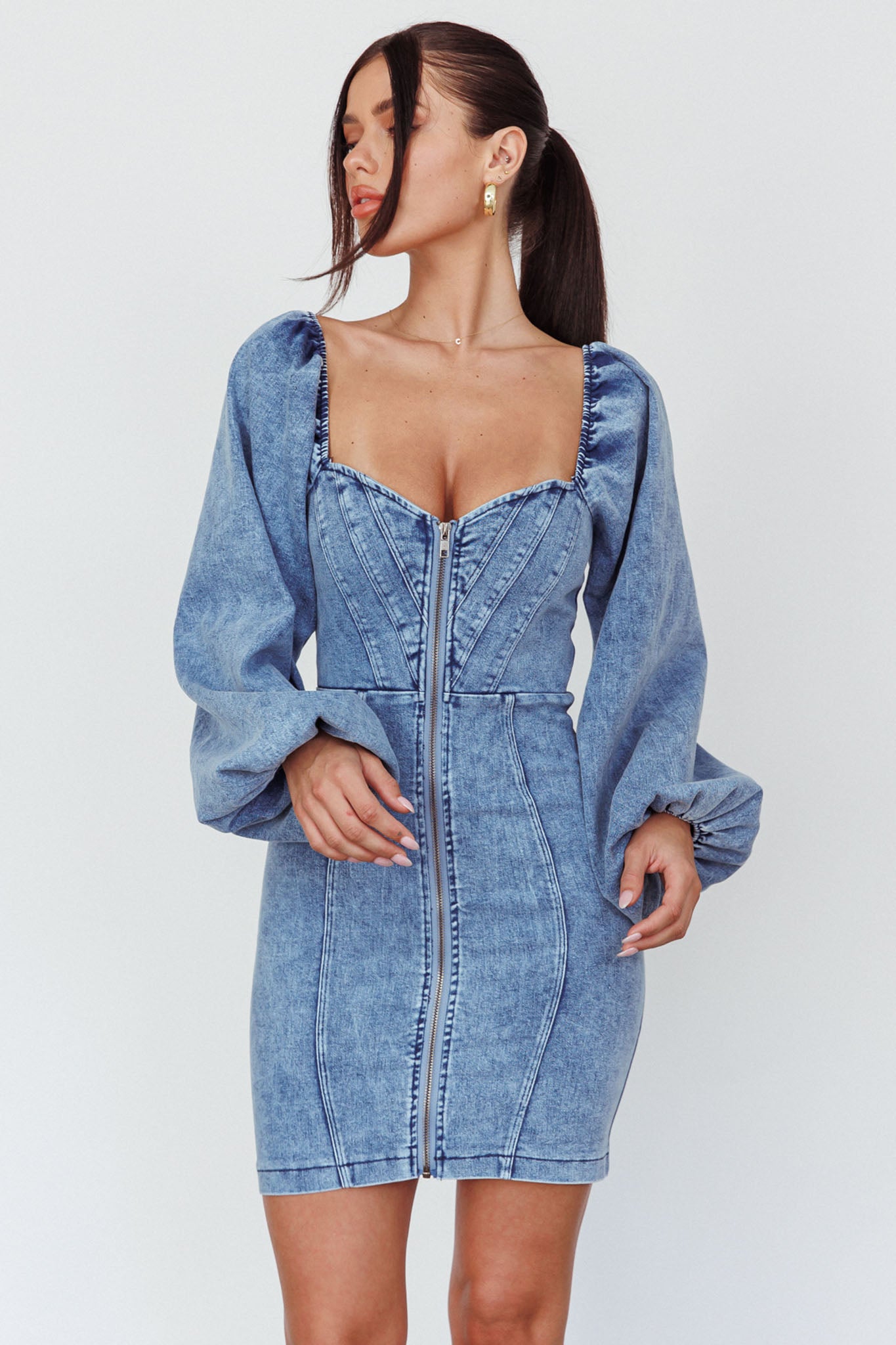 Tasmyn Balloon Sleeve Zipper Mini Dress Denim-Maymioy