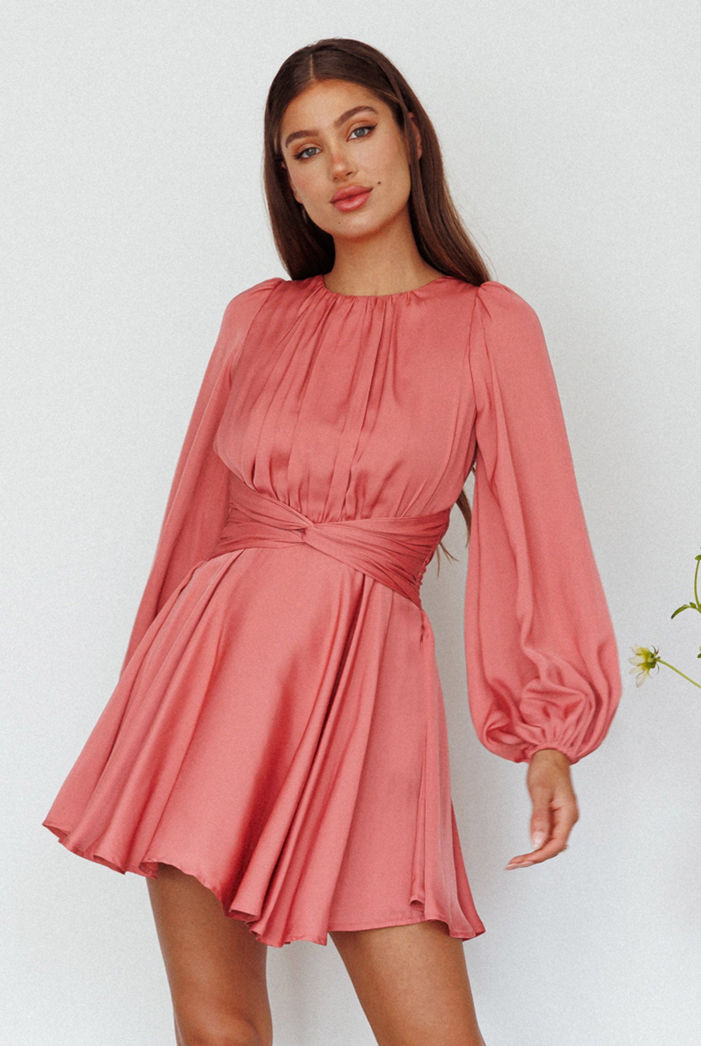 Leia Long Sleeve Waist Tie Mini Dress Rose-Maymioy