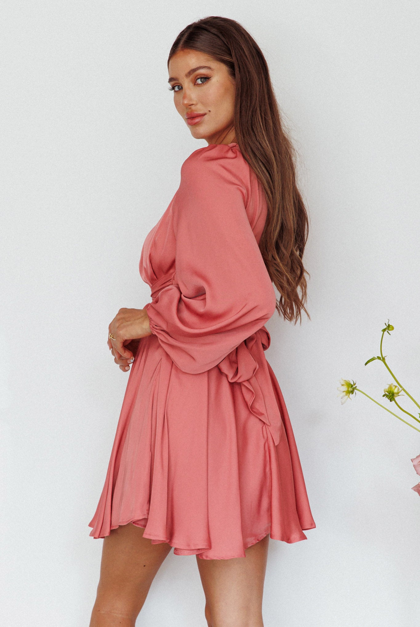 Leia Long Sleeve Waist Tie Mini Dress Rose-Maymioy