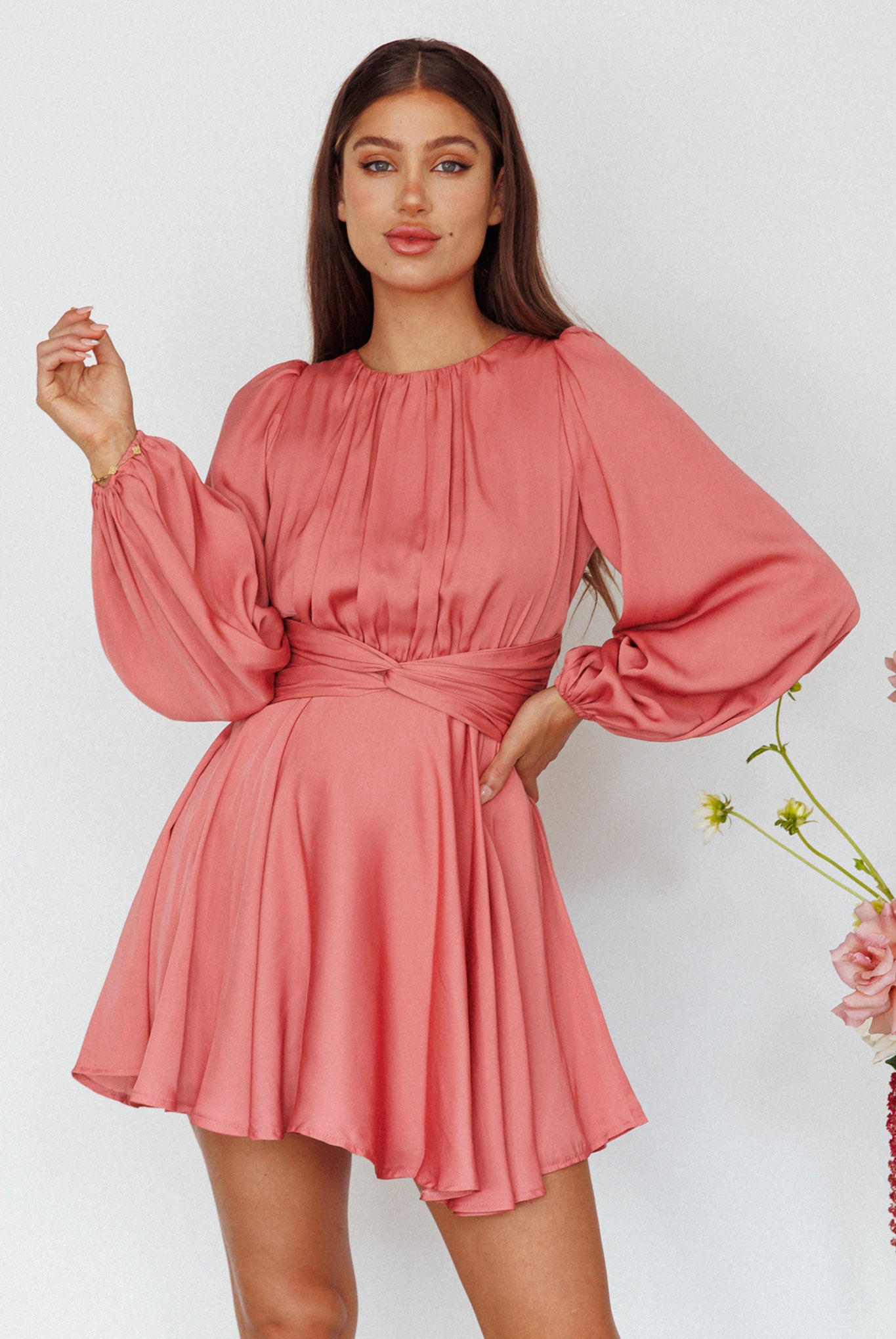 Leia Long Sleeve Waist Tie Mini Dress Rose-Maymioy