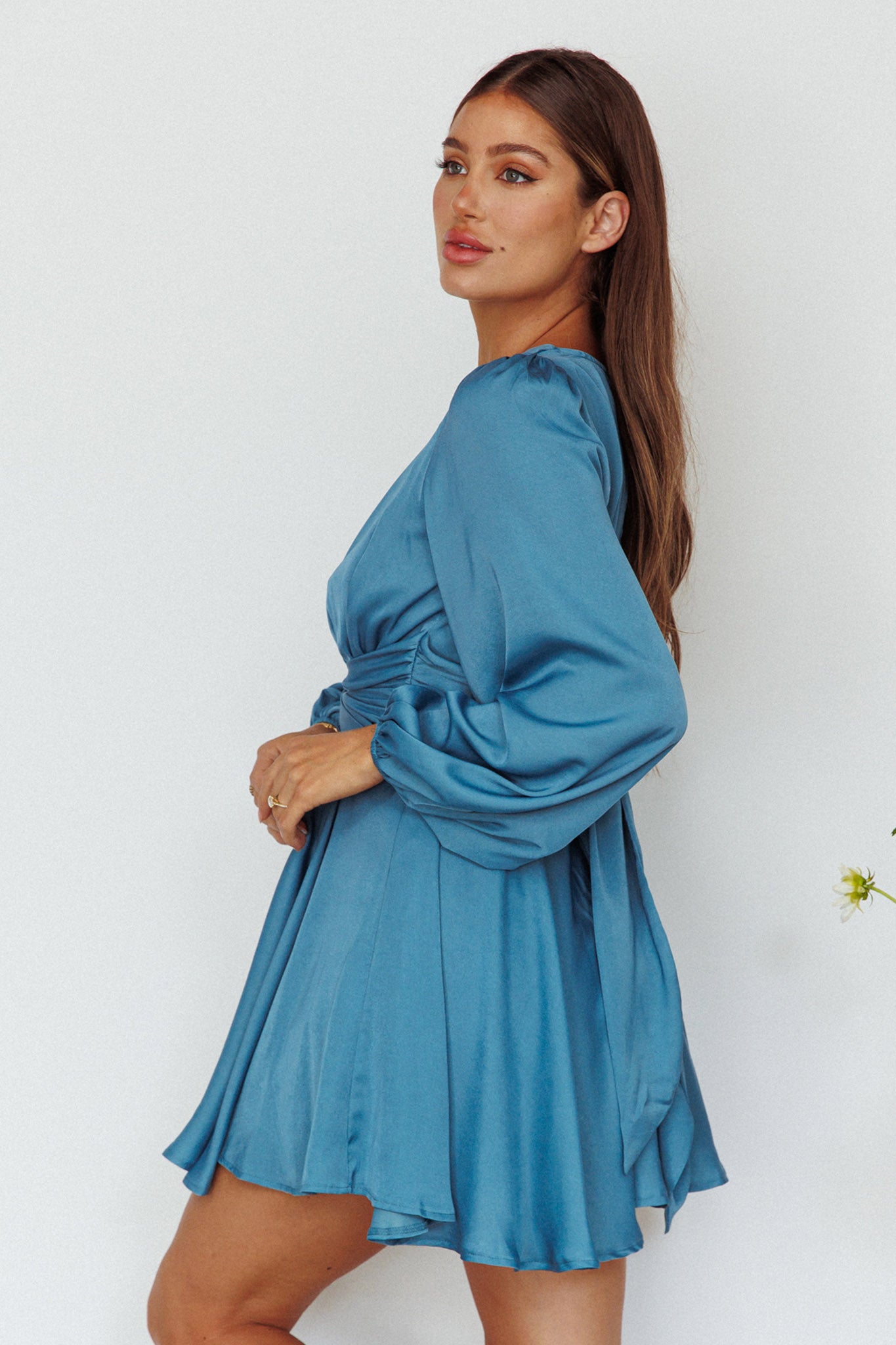 Leia Long Sleeve Waist Tie Mini Dress Teal-Maymioy