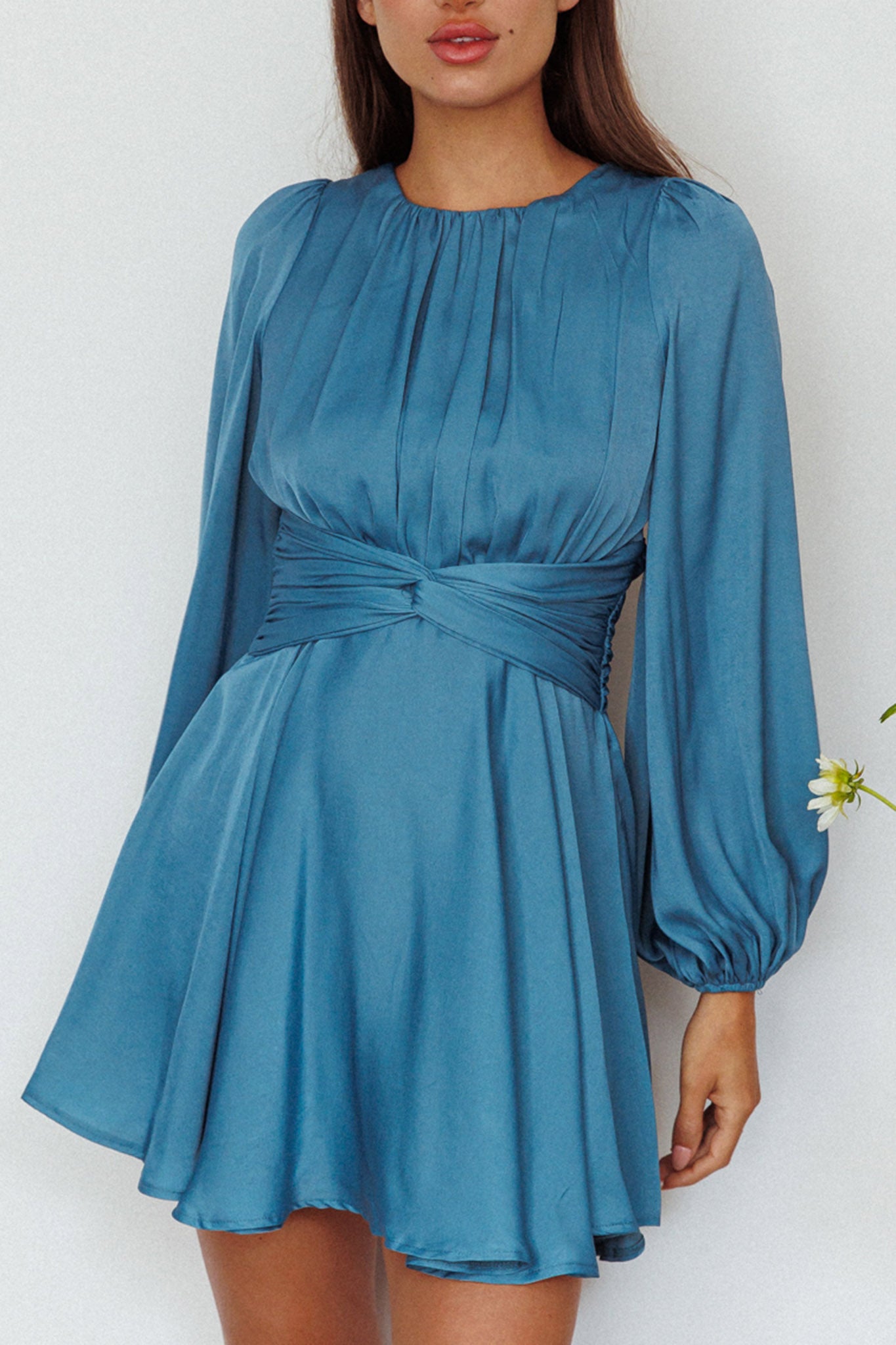 Leia Long Sleeve Waist Tie Mini Dress Teal-Maymioy
