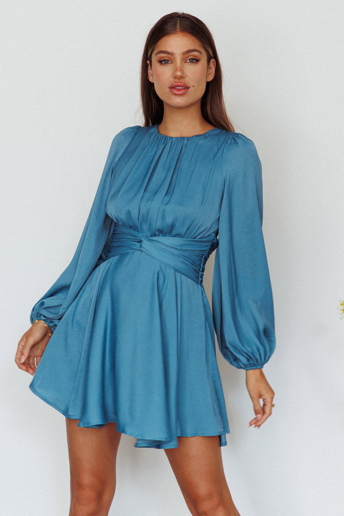Leia Long Sleeve Waist Tie Mini Dress Teal-Maymioy