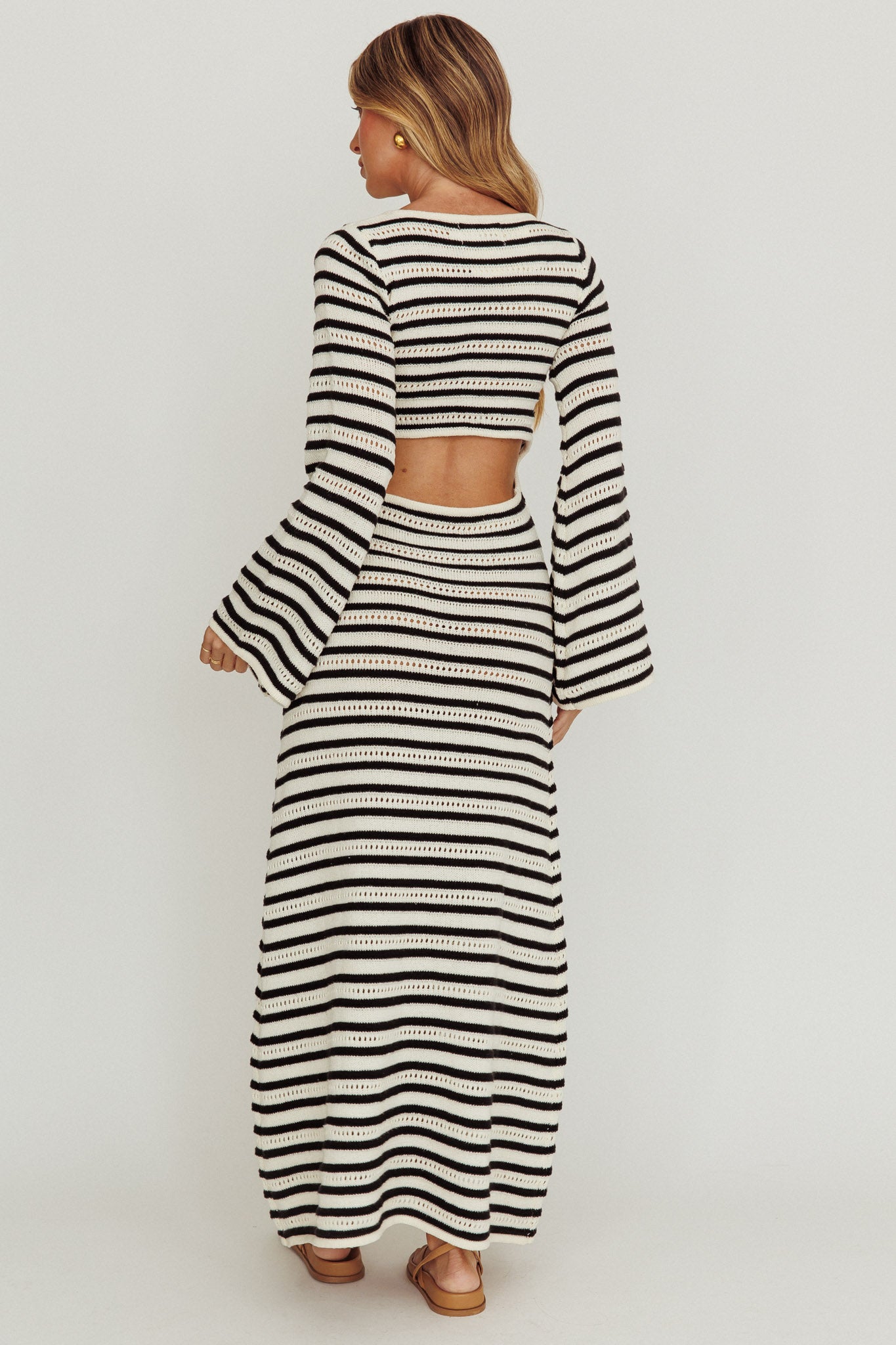 Meredith Long Sleeve Cut-Out Maxi Dress Cream Black-Maymioy