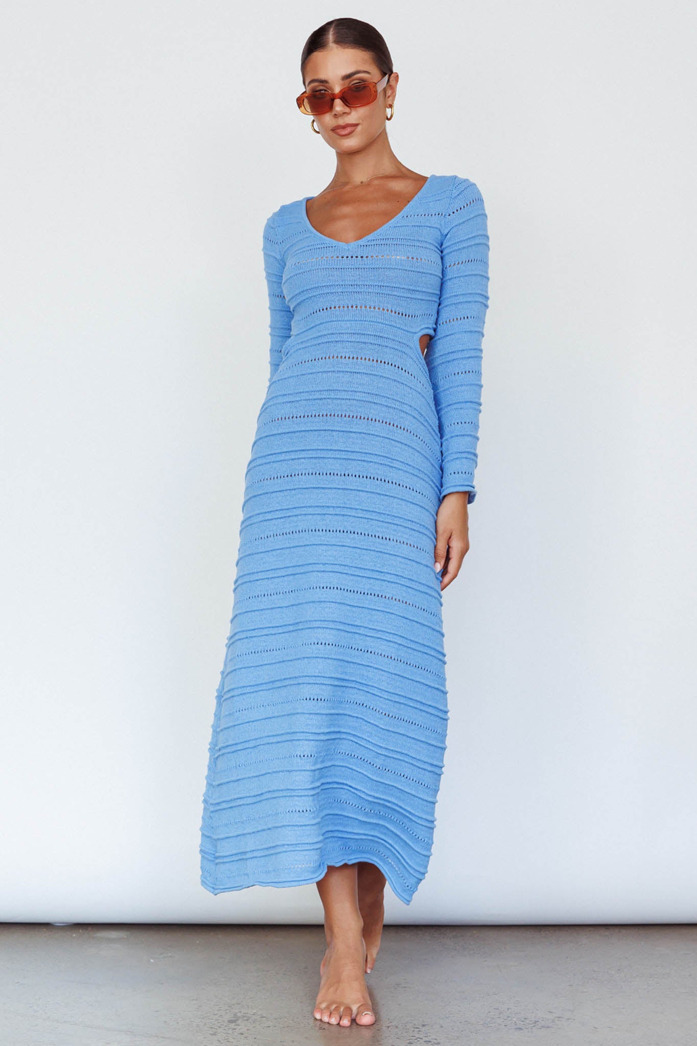 Meredith Long Sleeve Cut-Out Maxi Dress Blue-Maymioy