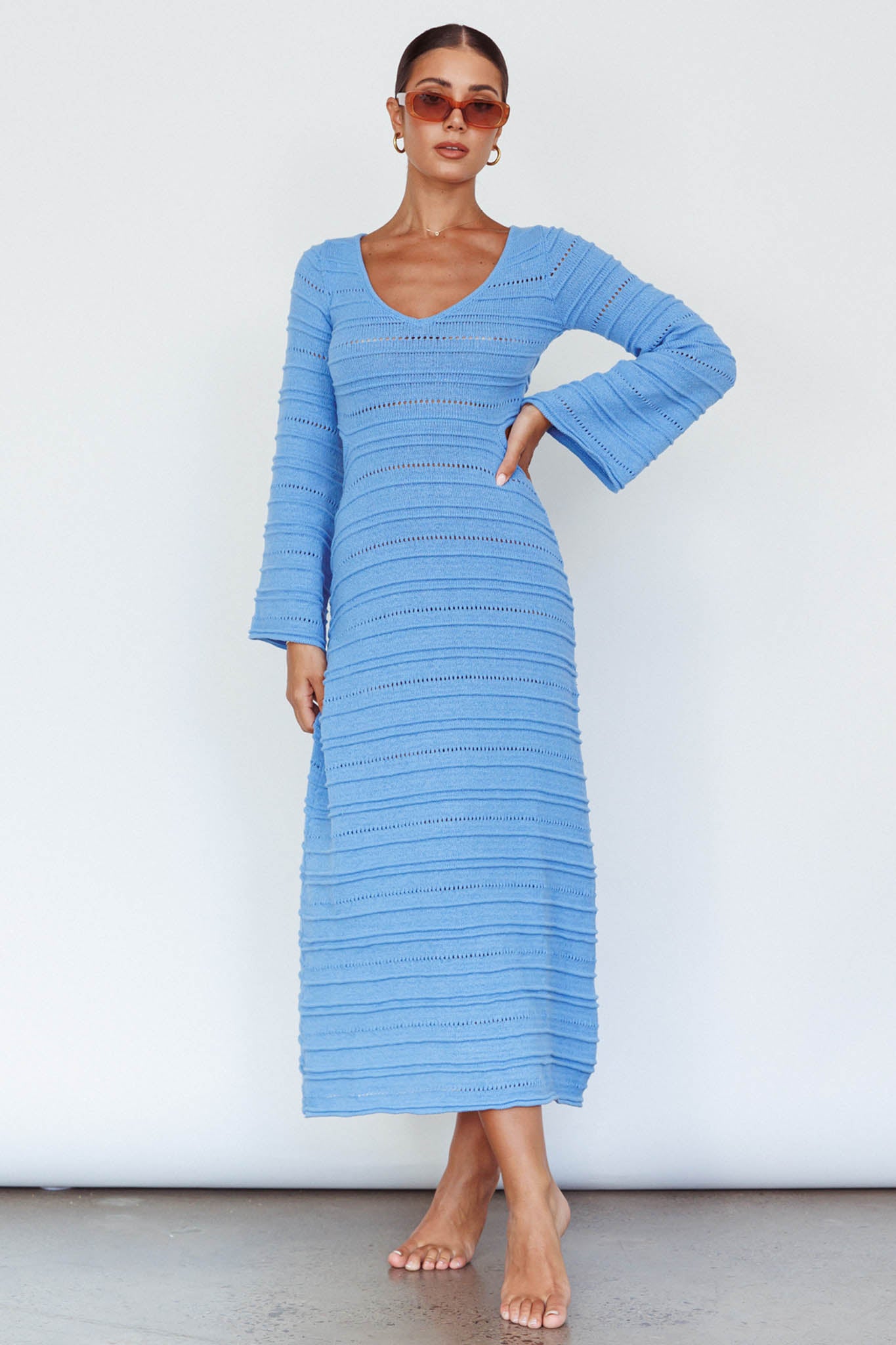 Meredith Long Sleeve Cut-Out Maxi Dress Blue-Maymioy