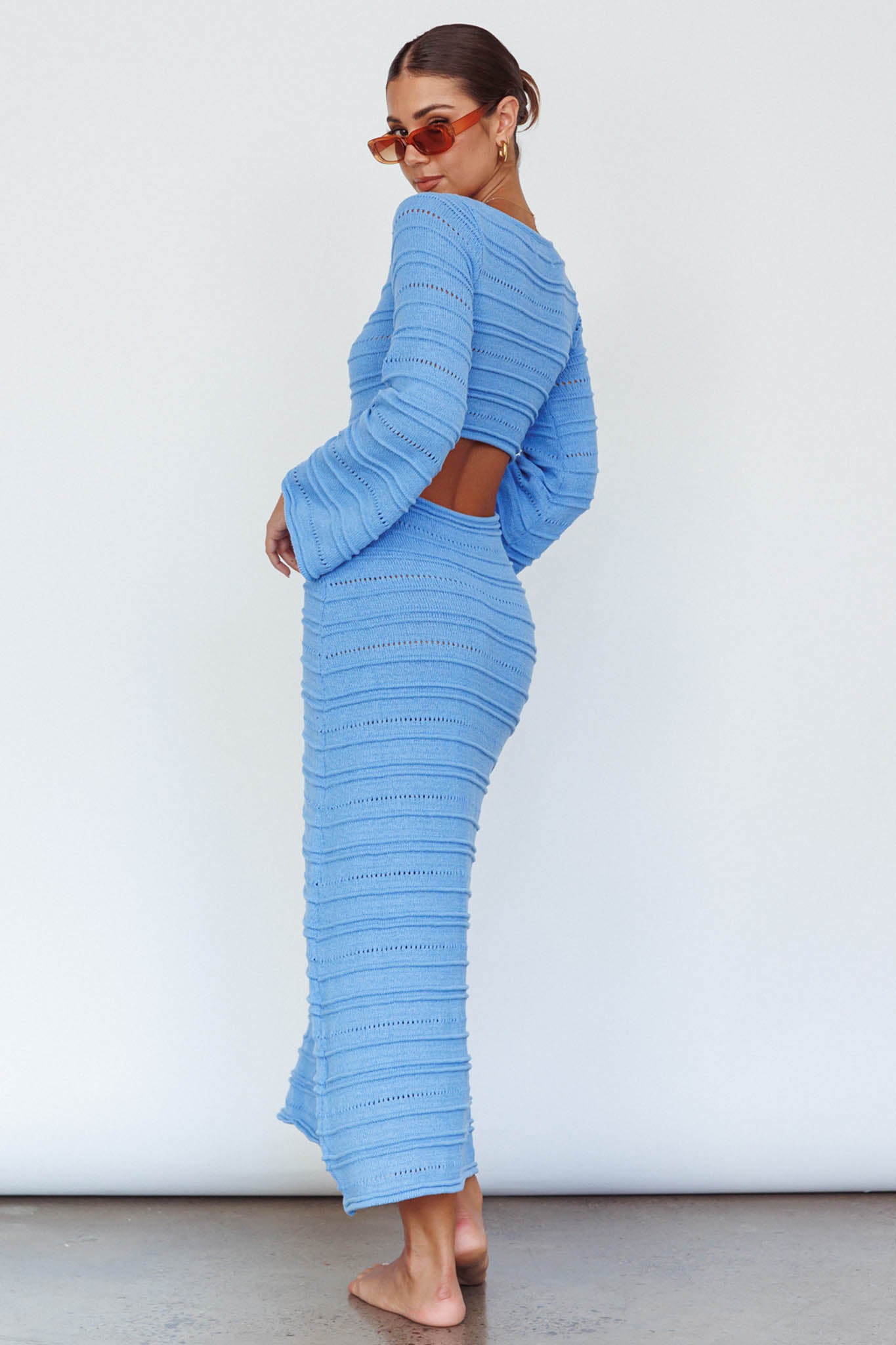 Meredith Long Sleeve Cut-Out Maxi Dress Blue-Maymioy