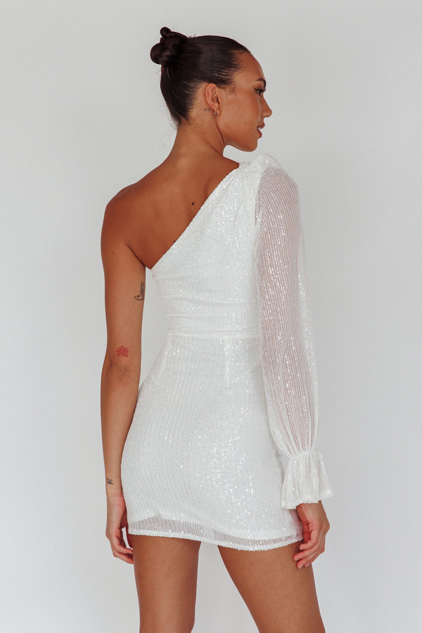 Dalia One Shoulder Sequin Mini Dress White-Maymioy