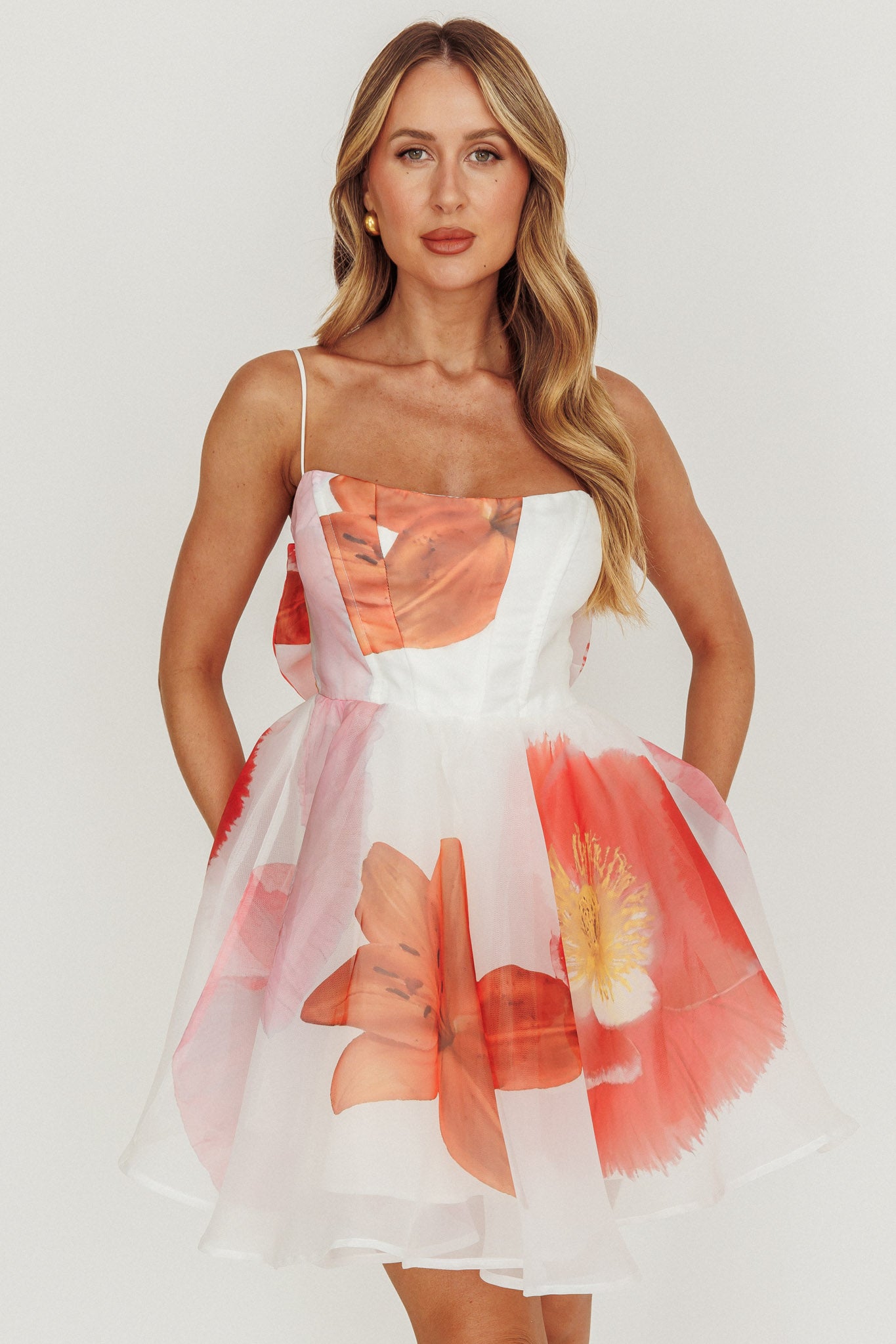 Athens Flared Bow Mini Dress Off White-Maymioy
