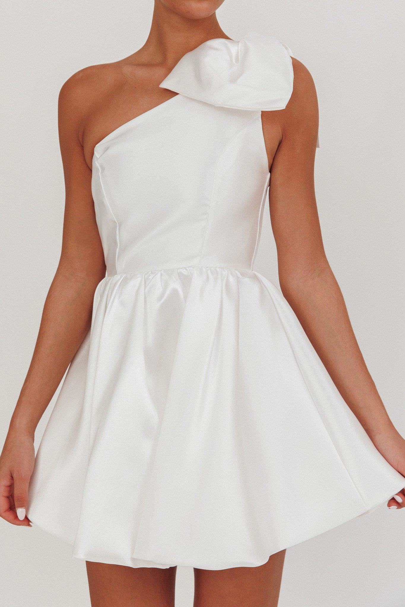 Athens Shoulder Bow Bubble Hem Mini Dress Off White-Maymioy