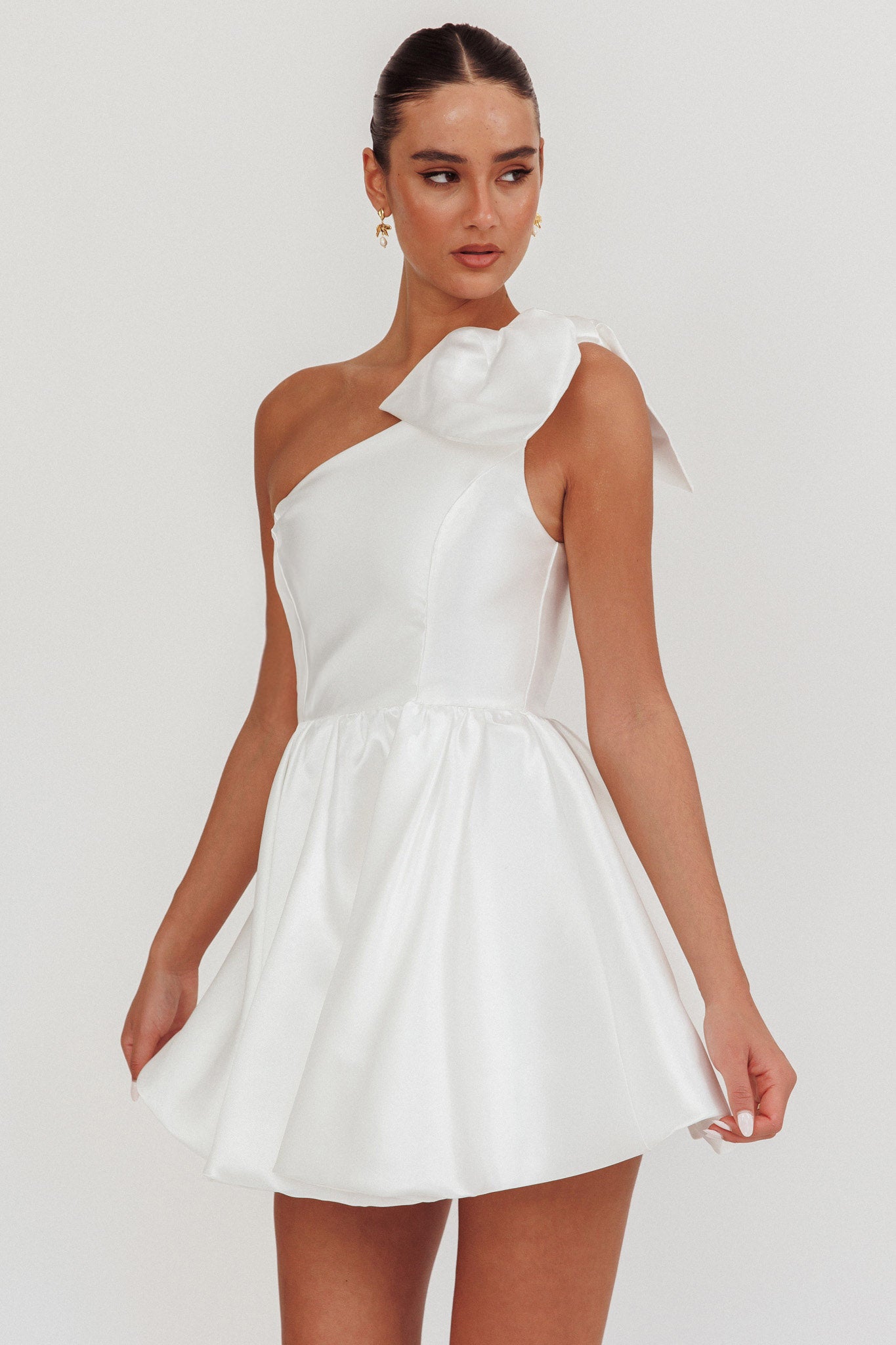 Athens Shoulder Bow Bubble Hem Mini Dress Off White-Maymioy