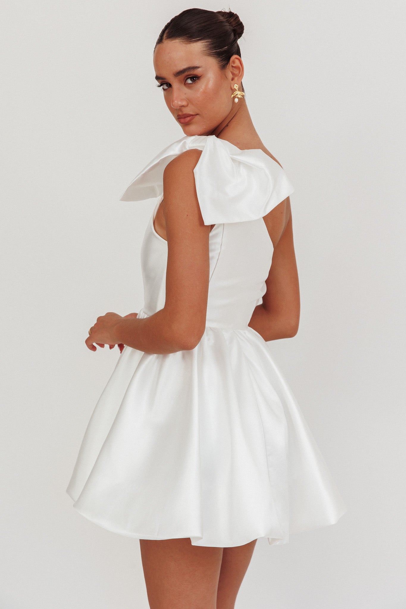 Athens Shoulder Bow Bubble Hem Mini Dress Off White-Maymioy