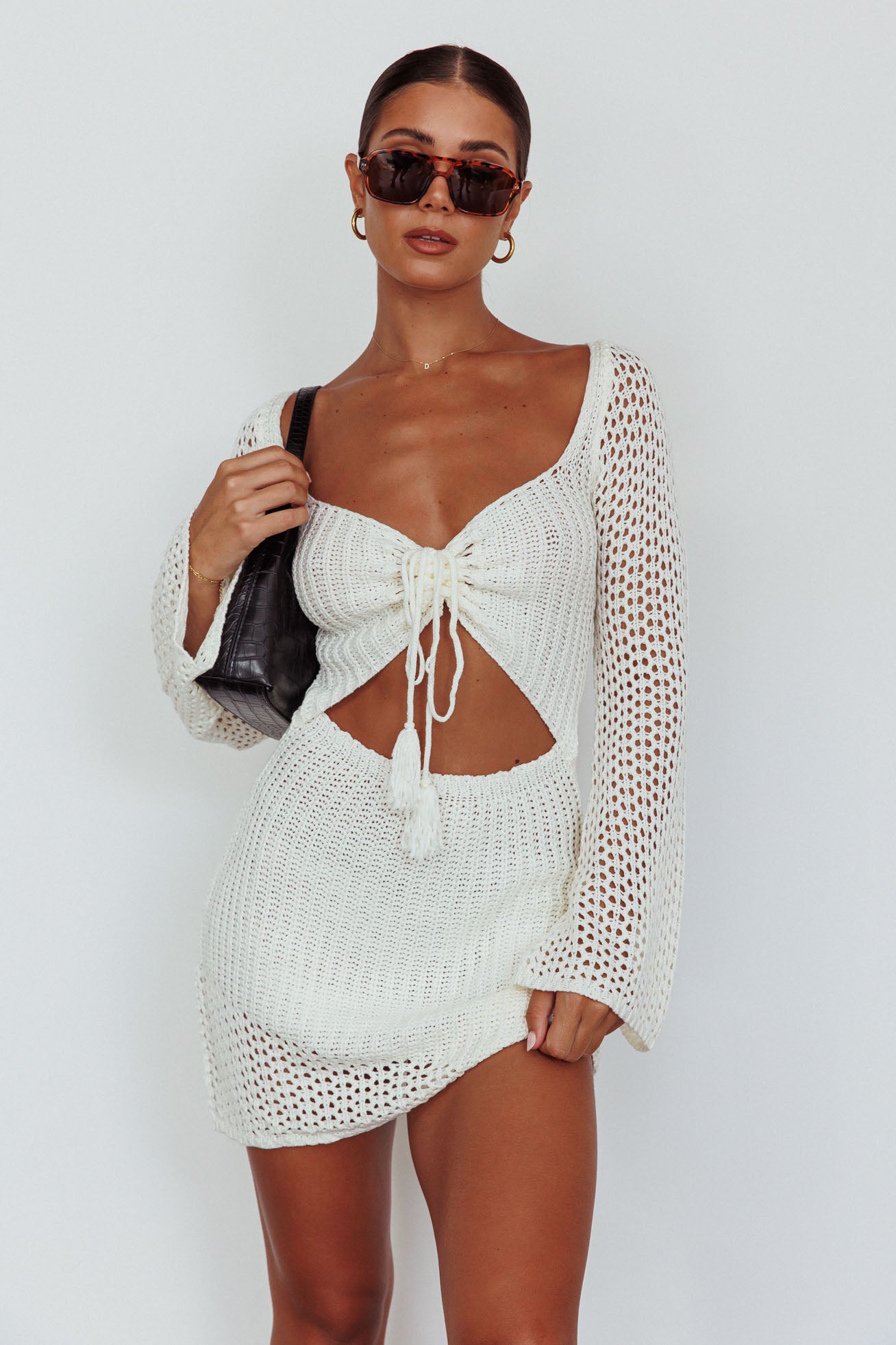 Jamaica Bell Sleeve Crochet Mini Dress White-Maymioy