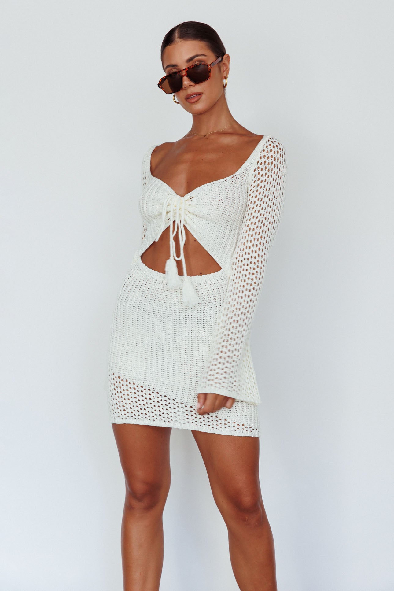 Jamaica Bell Sleeve Crochet Mini Dress White-Maymioy