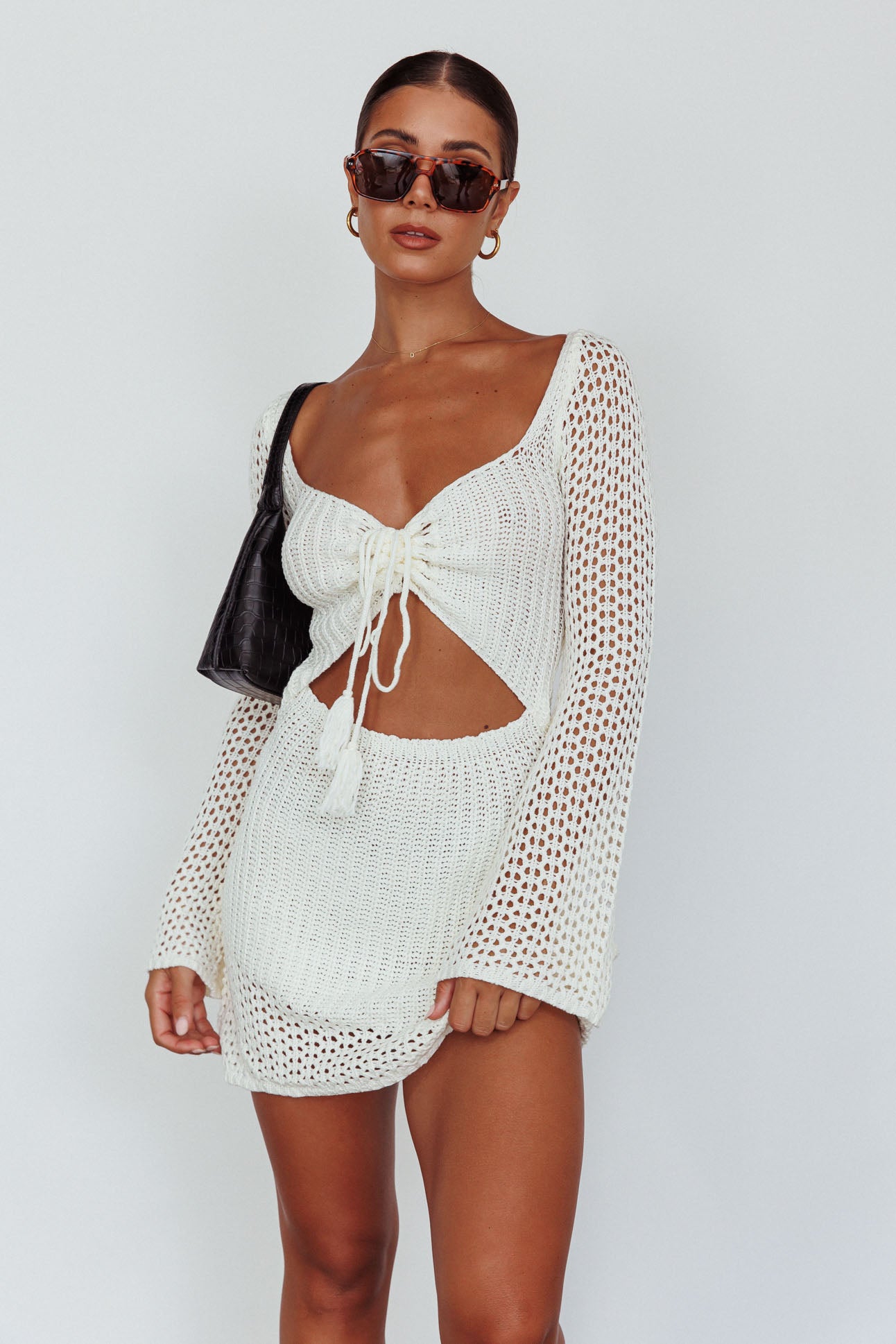 Jamaica Bell Sleeve Crochet Mini Dress White-Maymioy