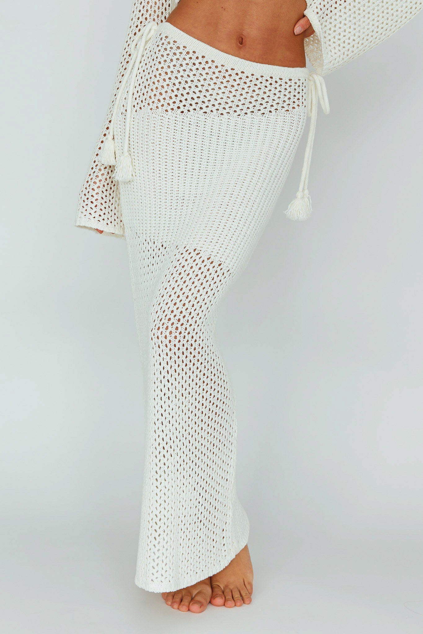 Jamaica Tied Crochet Midi Skirt White-Maymioy