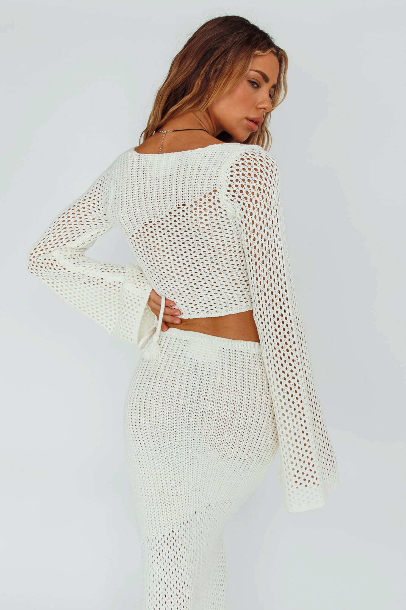 Jamaica Bell Sleeve Crochet Top White-Maymioy