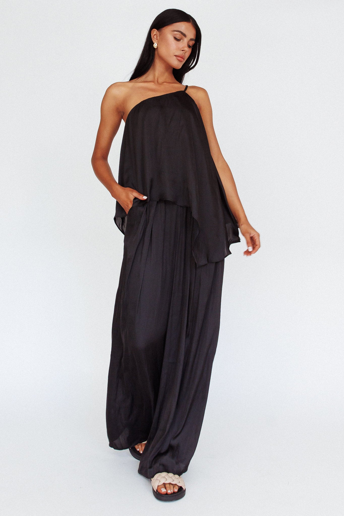 Pollina One Shoulder Top Black-Maymioy