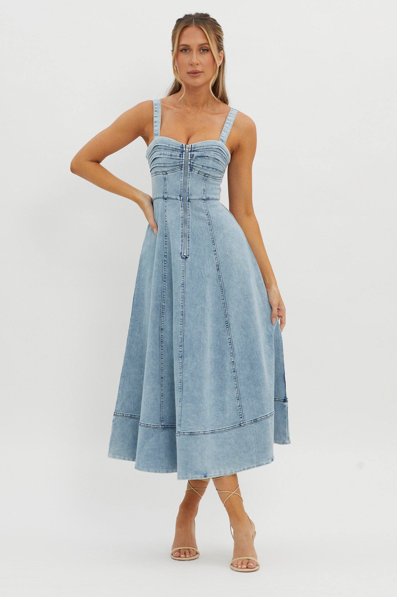 Emilio Pleated Bust A-Line Midi Dress Denim Blue-Maymioy