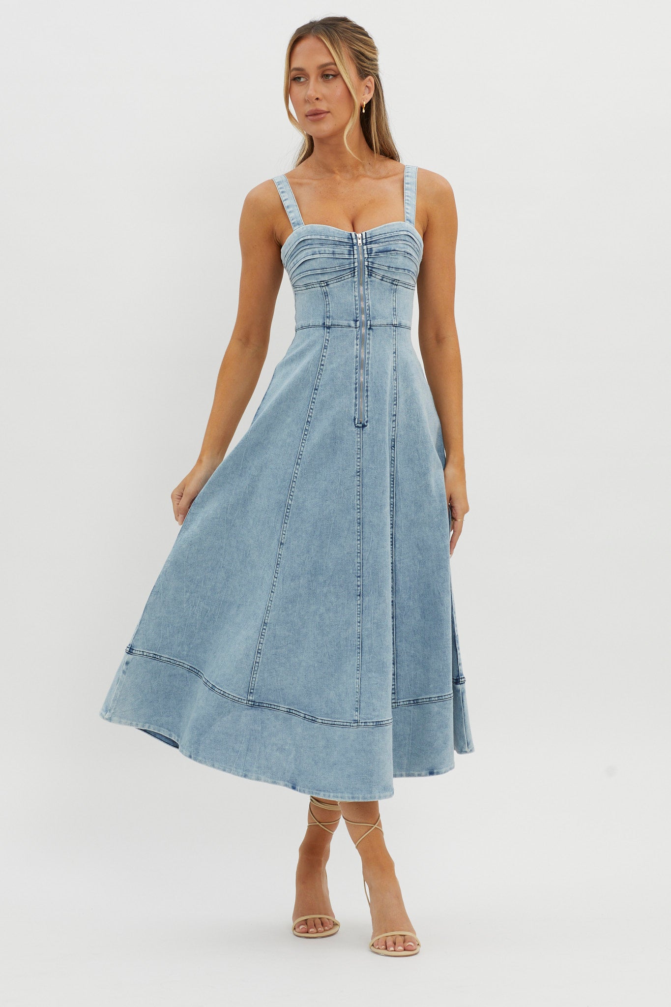 Emilio Pleated Bust A-Line Midi Dress Denim Blue-Maymioy