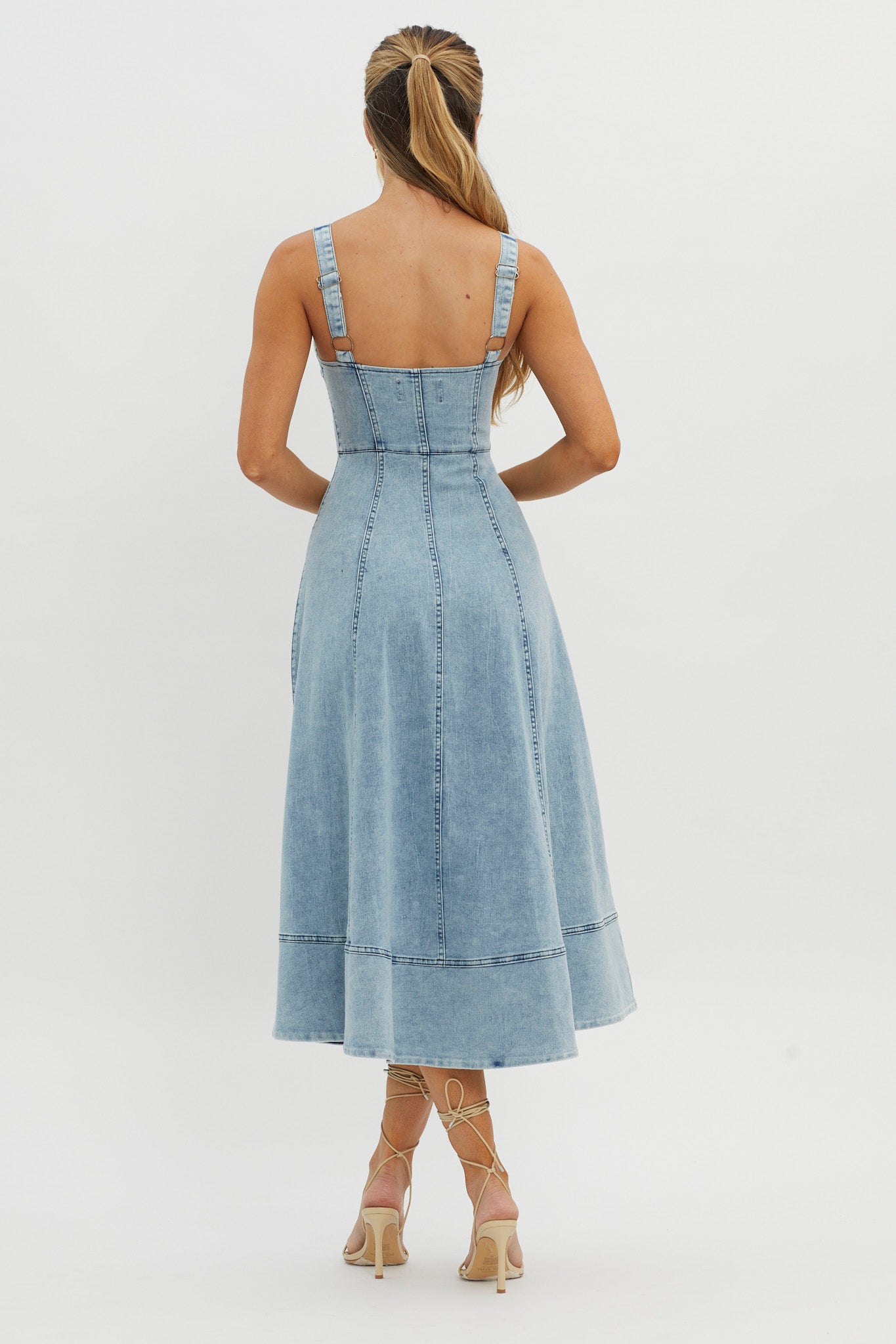 Emilio Pleated Bust A-Line Midi Dress Denim Blue-Maymioy