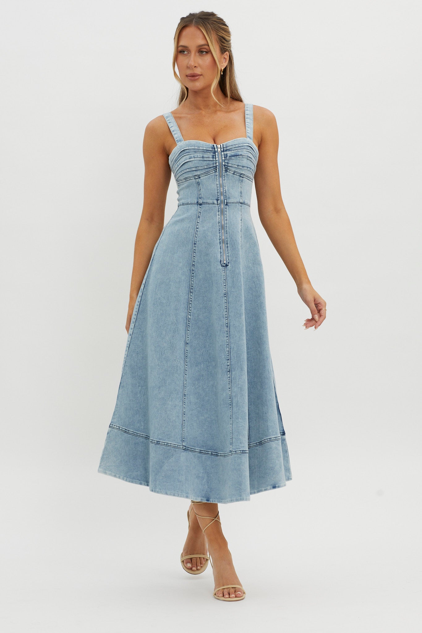 Emilio Pleated Bust A-Line Midi Dress Denim Blue-Maymioy