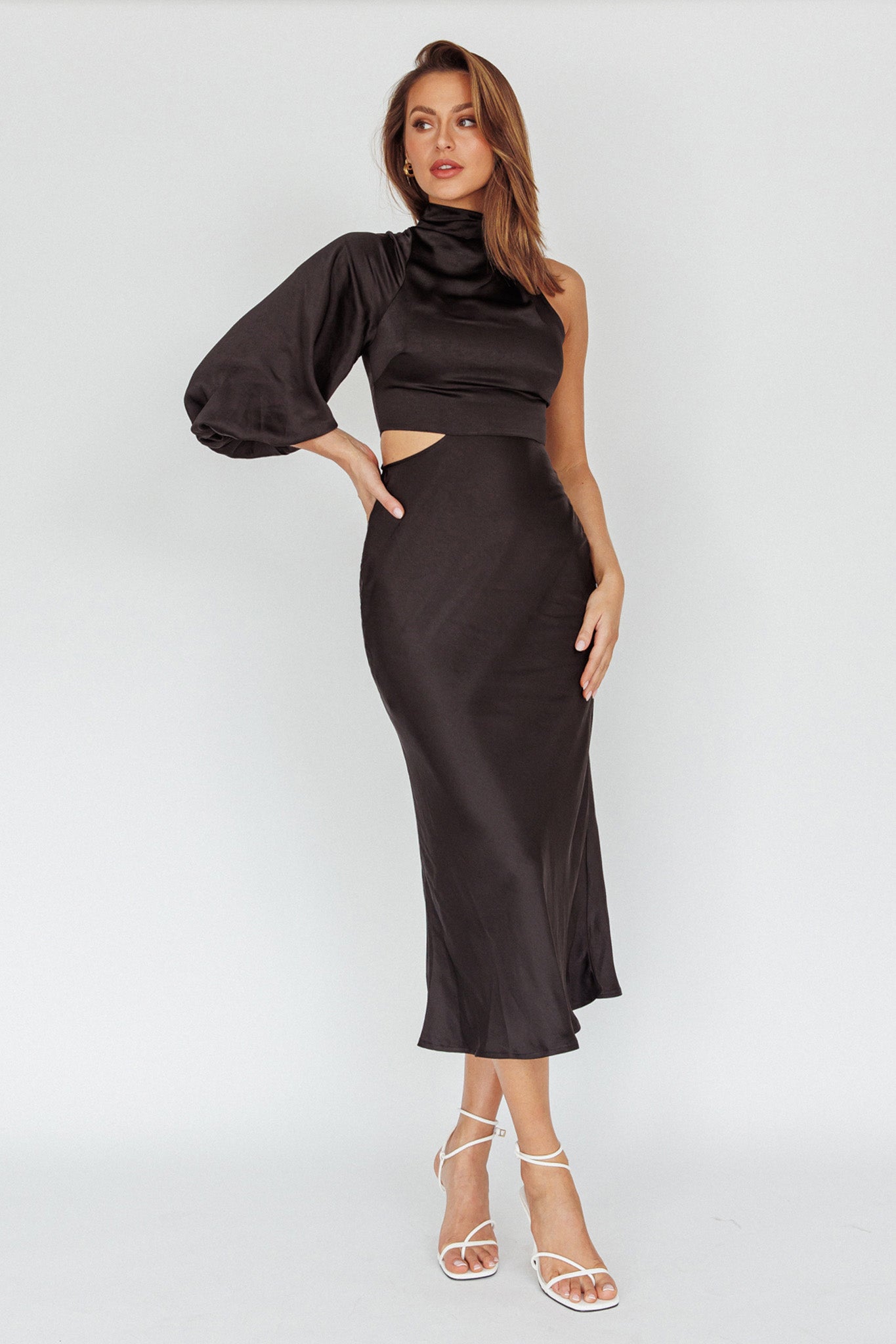 Thessaly One Sleeve Midi Dress Black-Maymioy