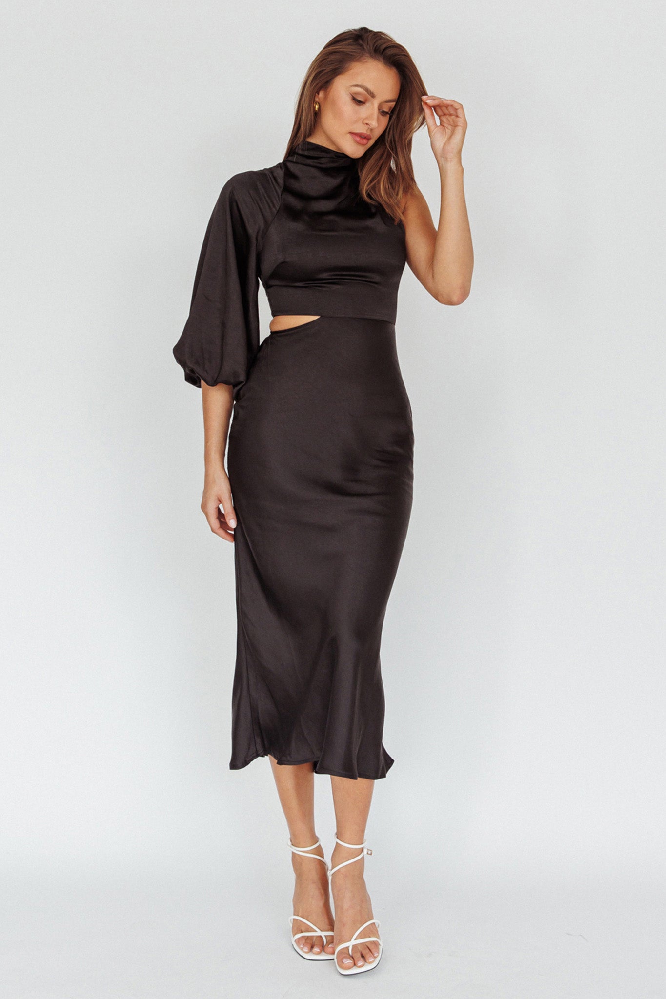 Thessaly One Sleeve Midi Dress Black-Maymioy