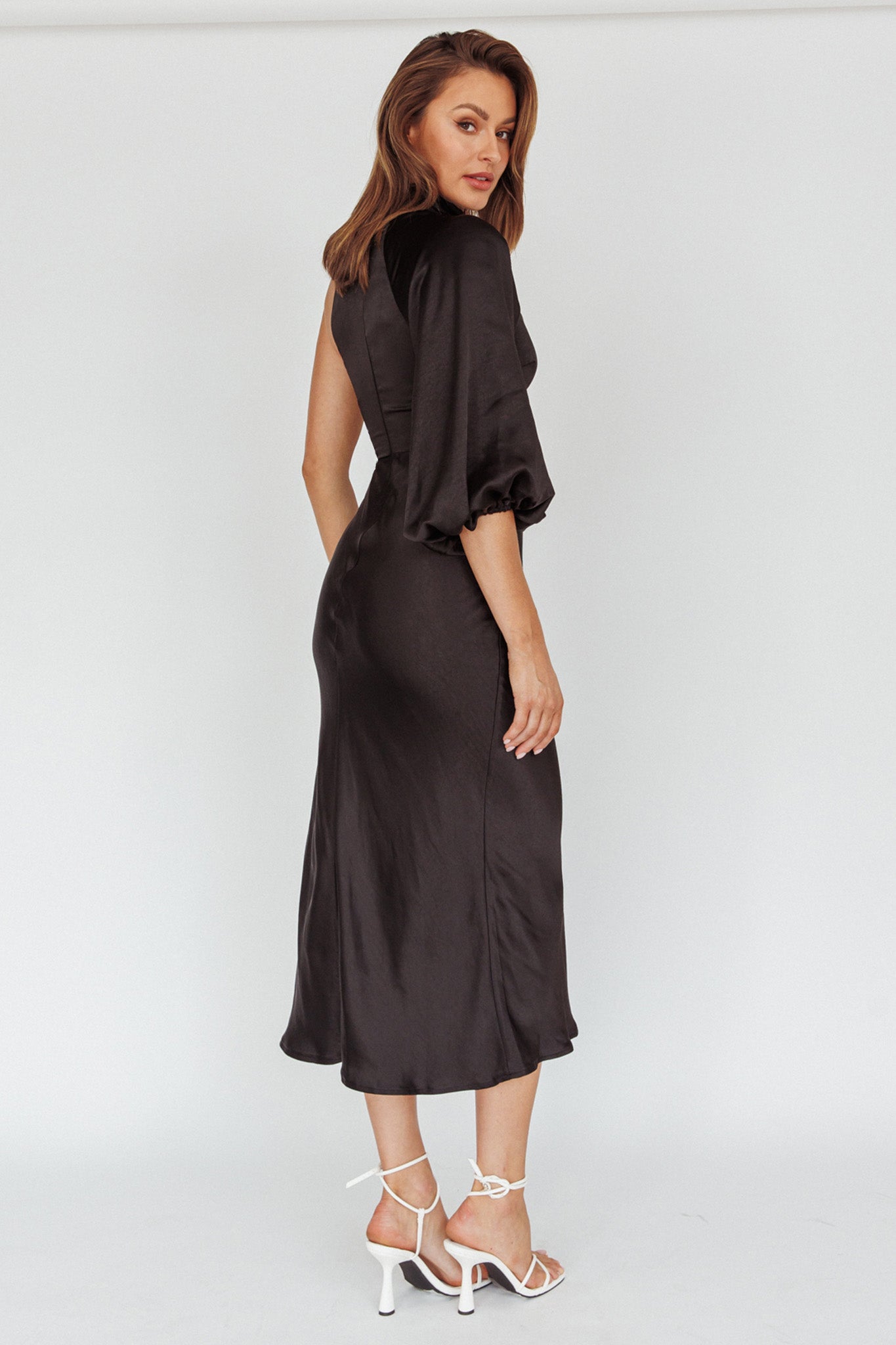 Thessaly One Sleeve Midi Dress Black-Maymioy