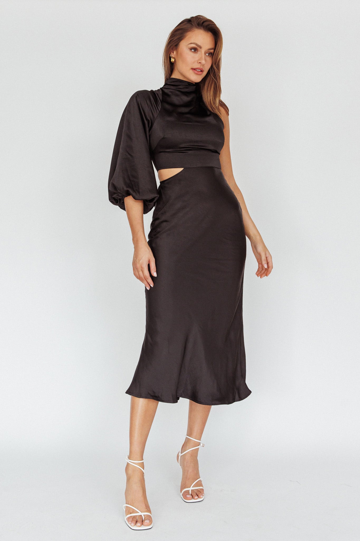 Thessaly One Sleeve Midi Dress Black-Maymioy