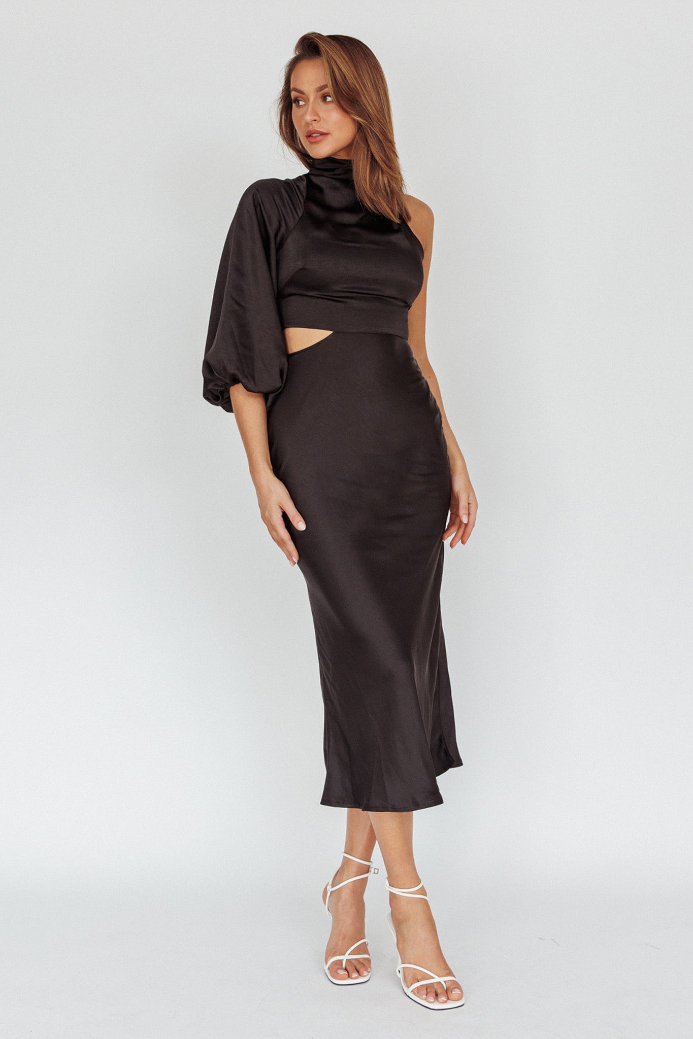 Thessaly One Sleeve Midi Dress Black-Maymioy