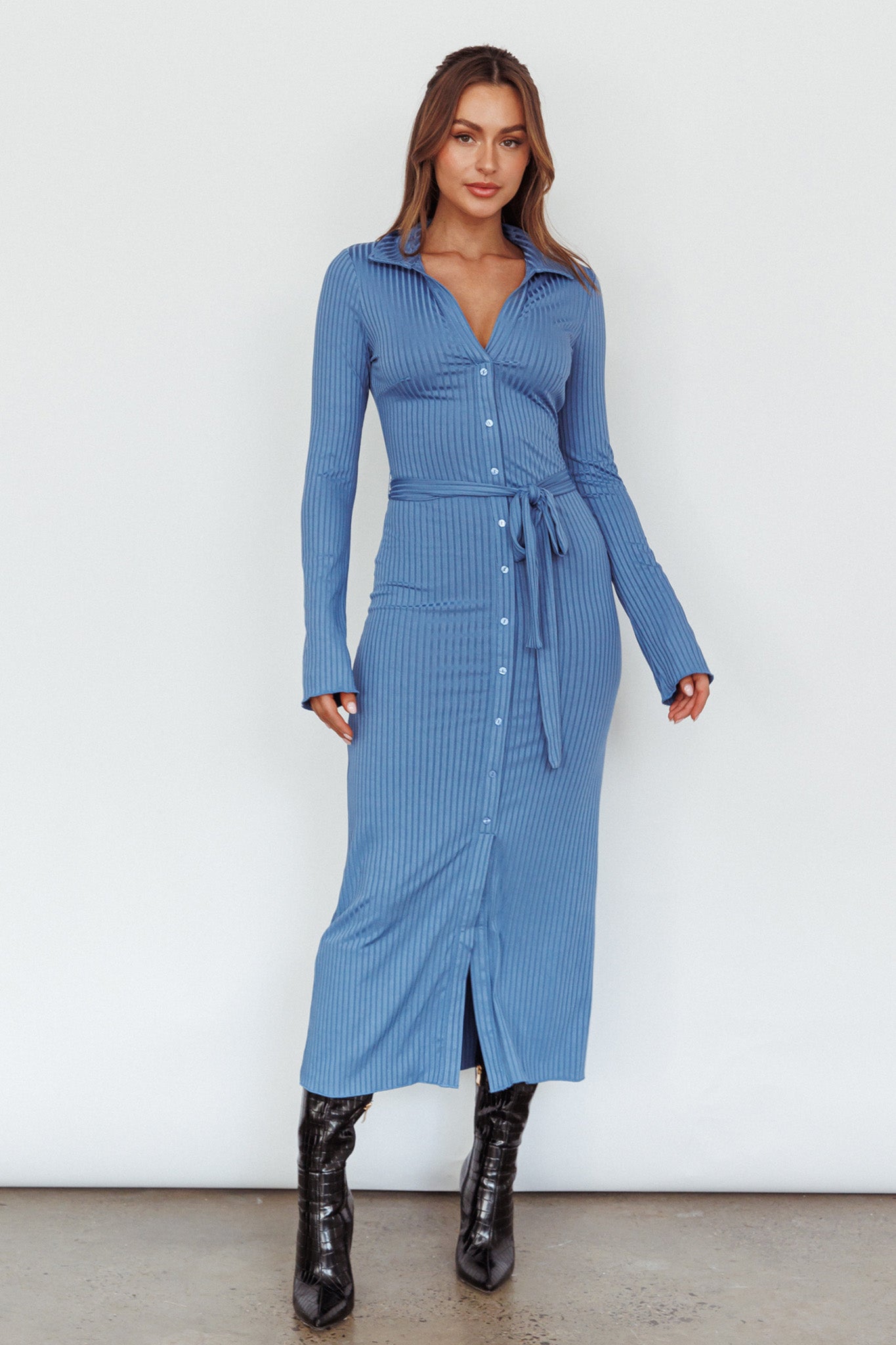 Eastcoast Collared Placket Midi Dress Blue-Maymioy
