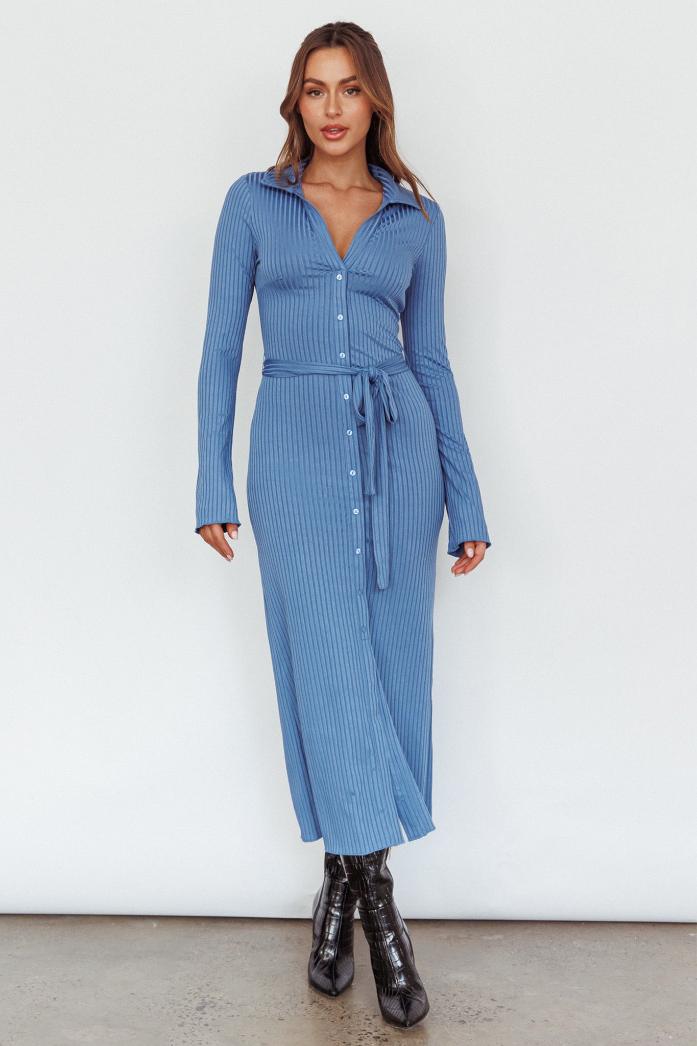 Eastcoast Collared Placket Midi Dress Blue-Maymioy