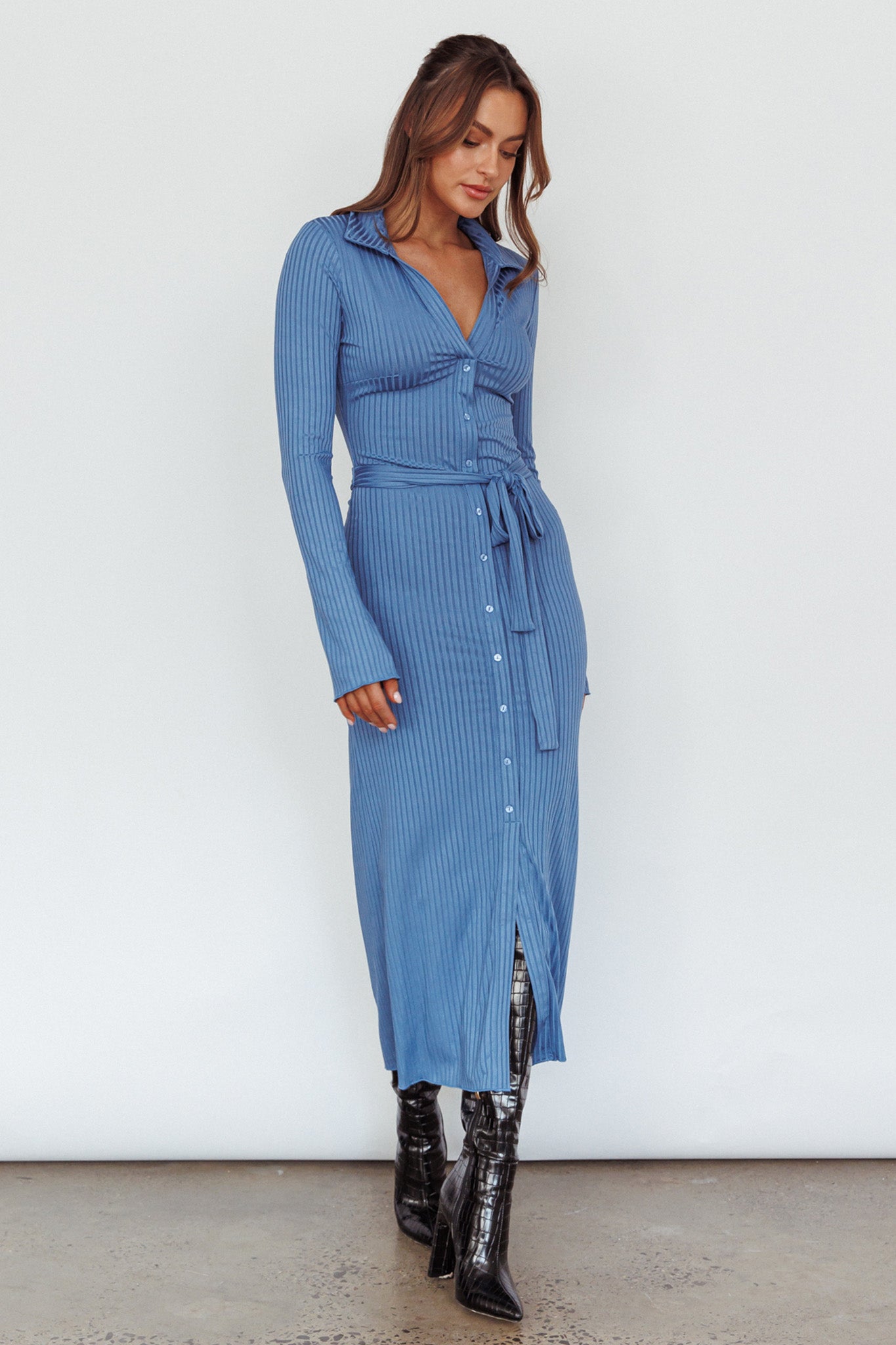 Eastcoast Collared Placket Midi Dress Blue-Maymioy