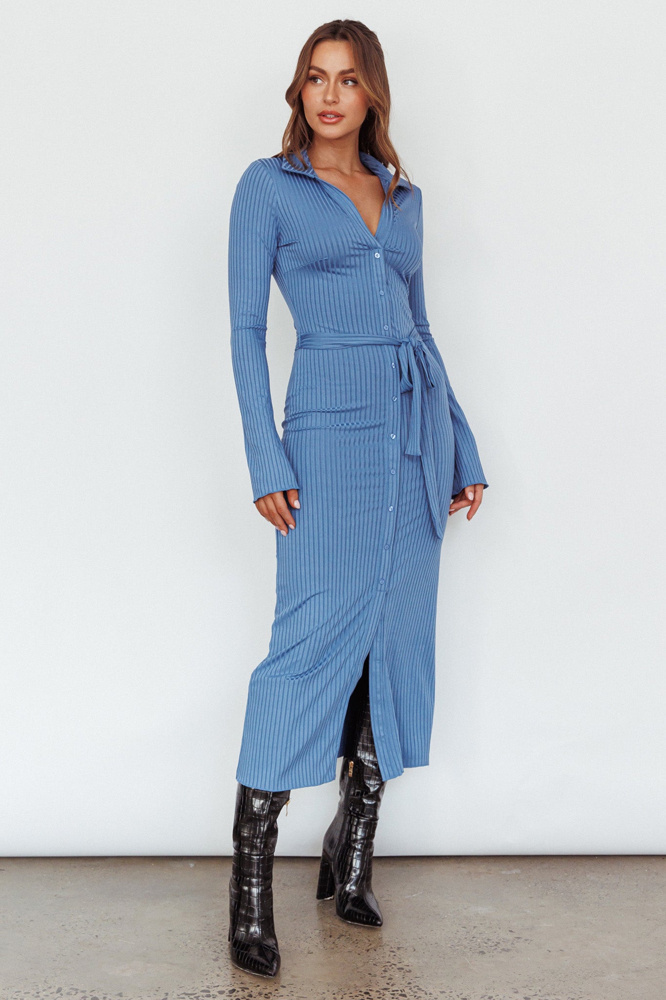 Eastcoast Collared Placket Midi Dress Blue-Maymioy