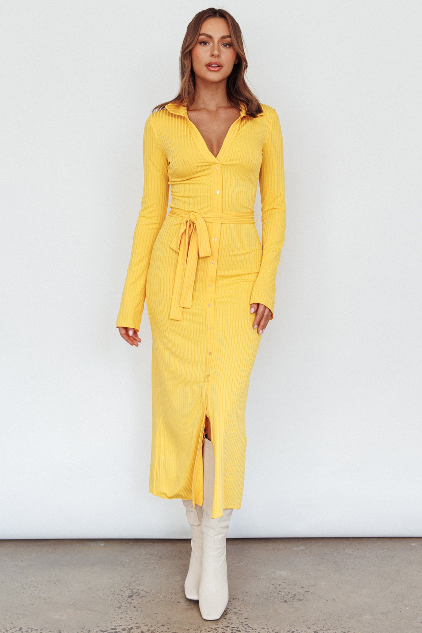 Eastcoast Collared Placket Midi Dress Yellow-Maymioy