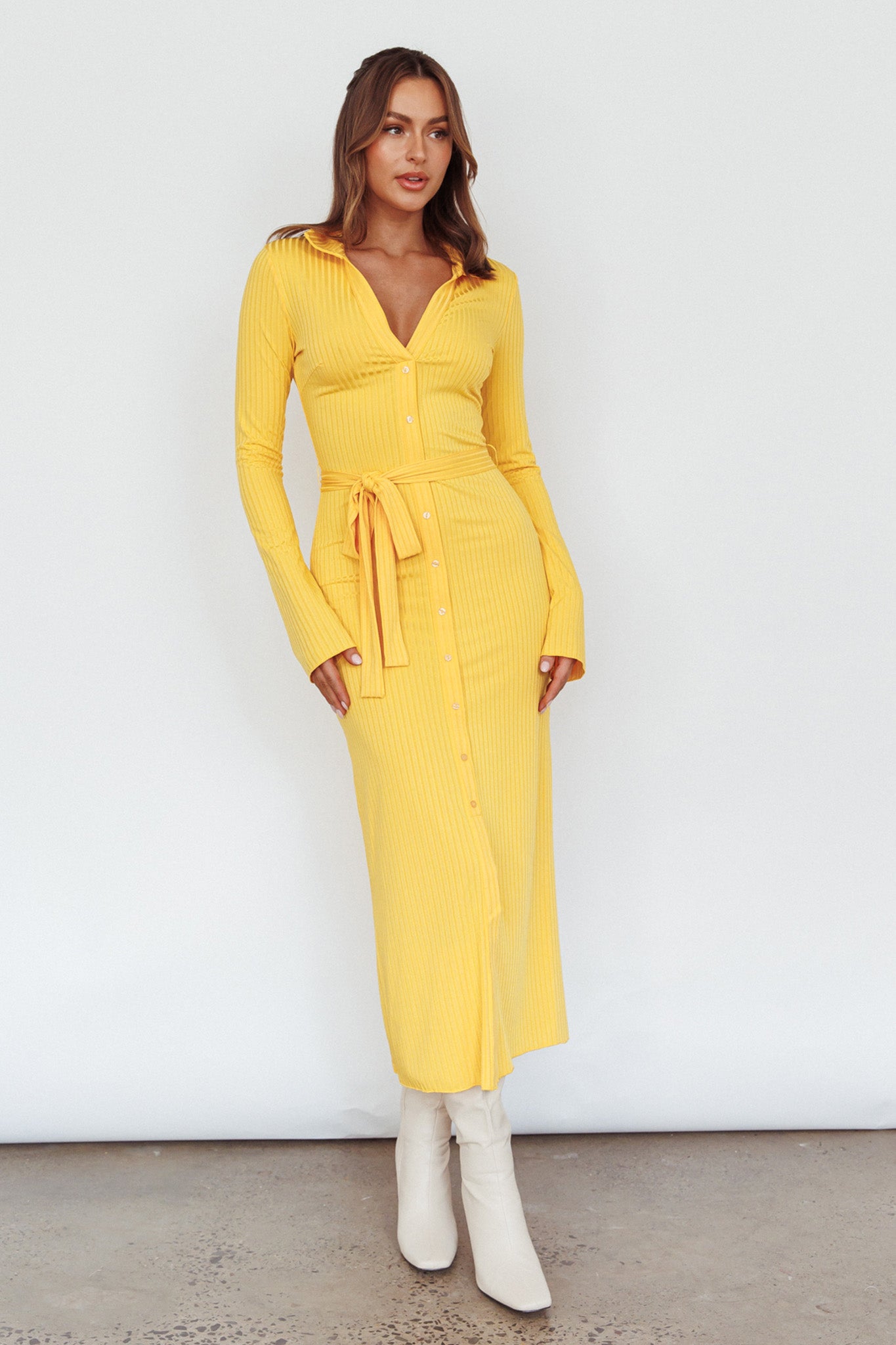 Eastcoast Collared Placket Midi Dress Yellow-Maymioy