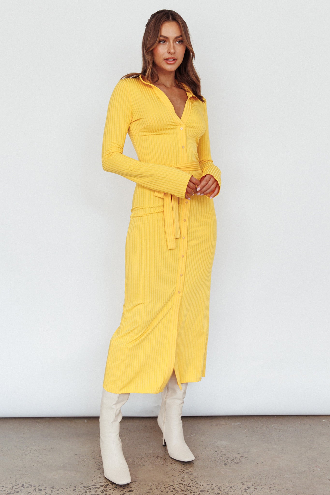 Eastcoast Collared Placket Midi Dress Yellow-Maymioy