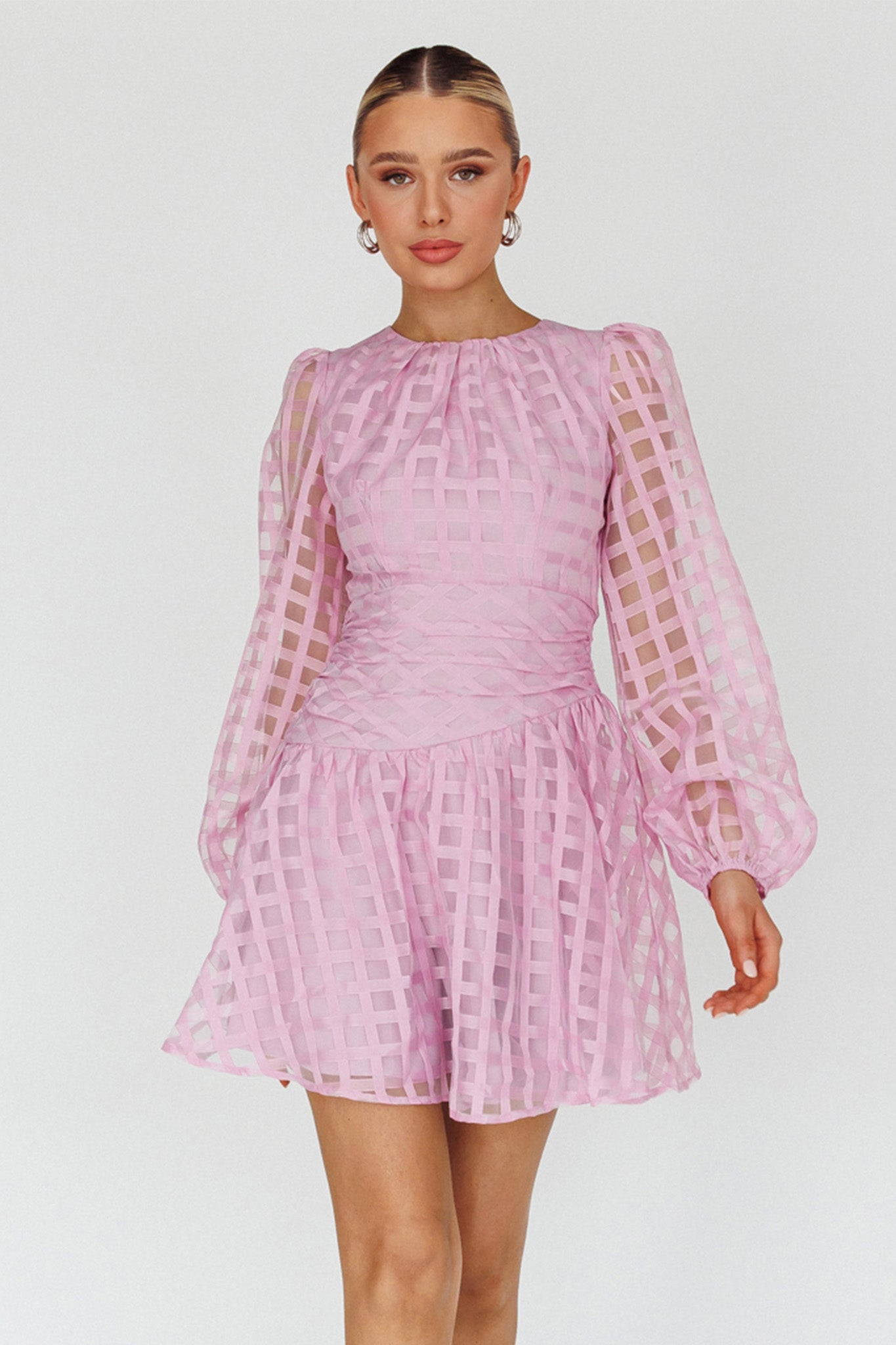 Tatiana Long Sleeve Plaid Mini Dress Lilac-Maymioy