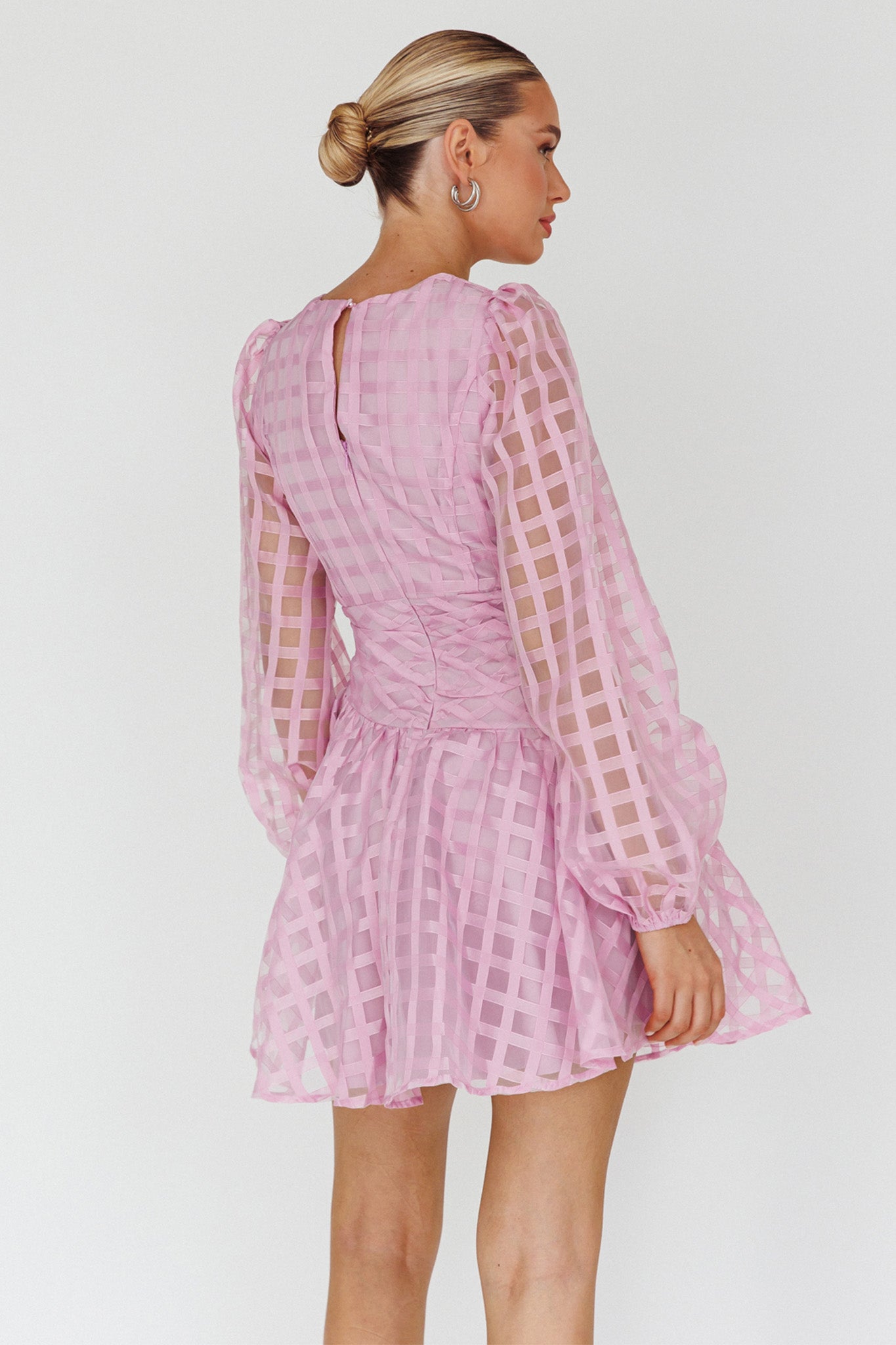 Tatiana Long Sleeve Plaid Mini Dress Lilac-Maymioy