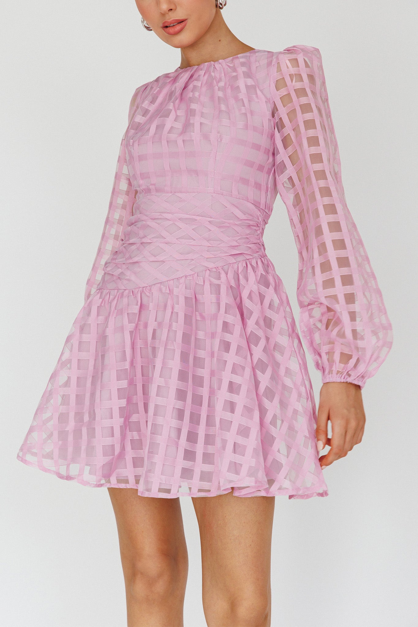 Tatiana Long Sleeve Plaid Mini Dress Lilac-Maymioy