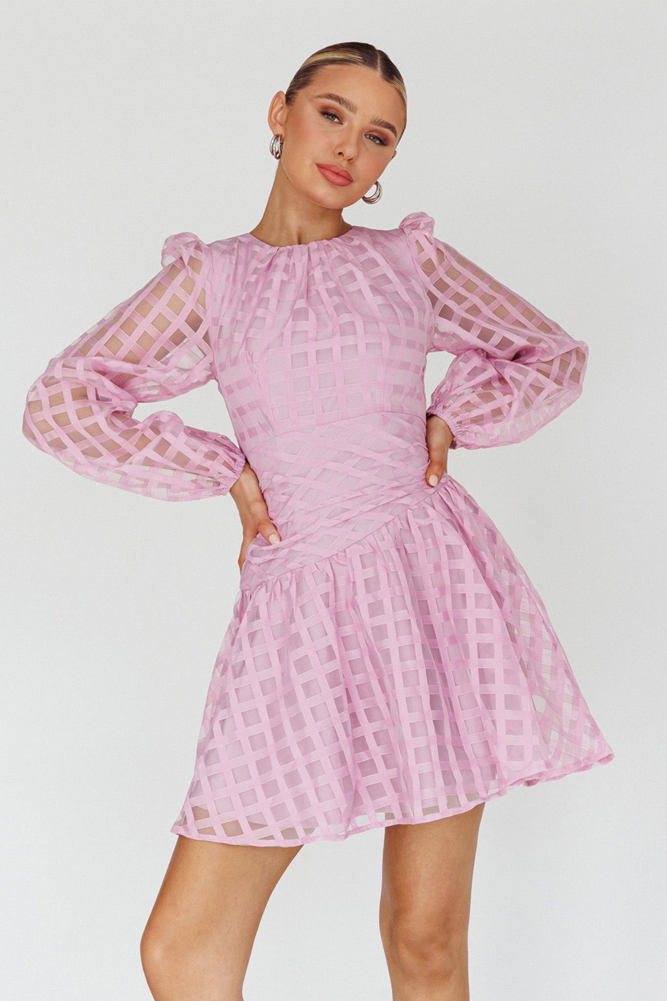 Tatiana Long Sleeve Plaid Mini Dress Lilac-Maymioy