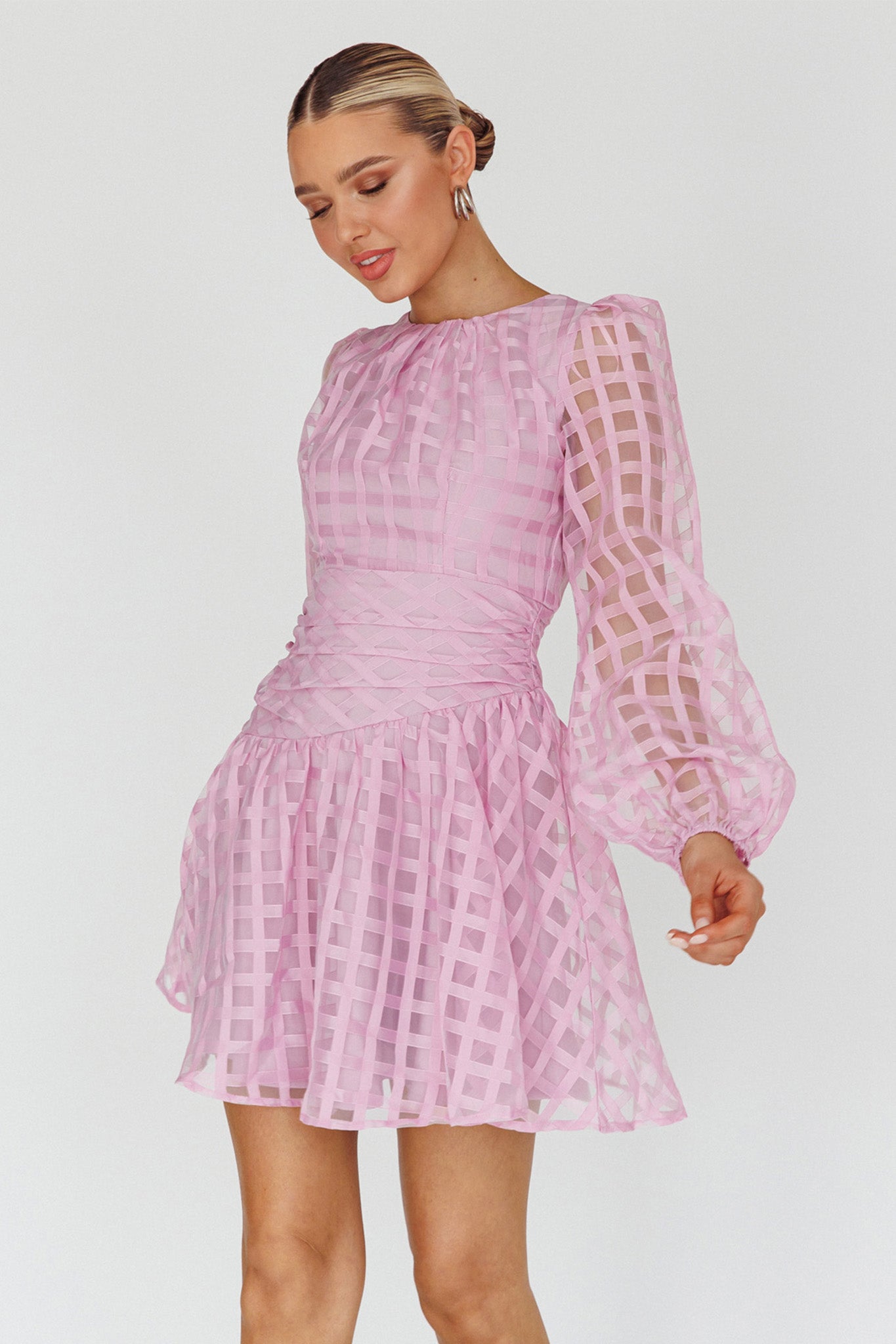 Tatiana Long Sleeve Plaid Mini Dress Lilac-Maymioy