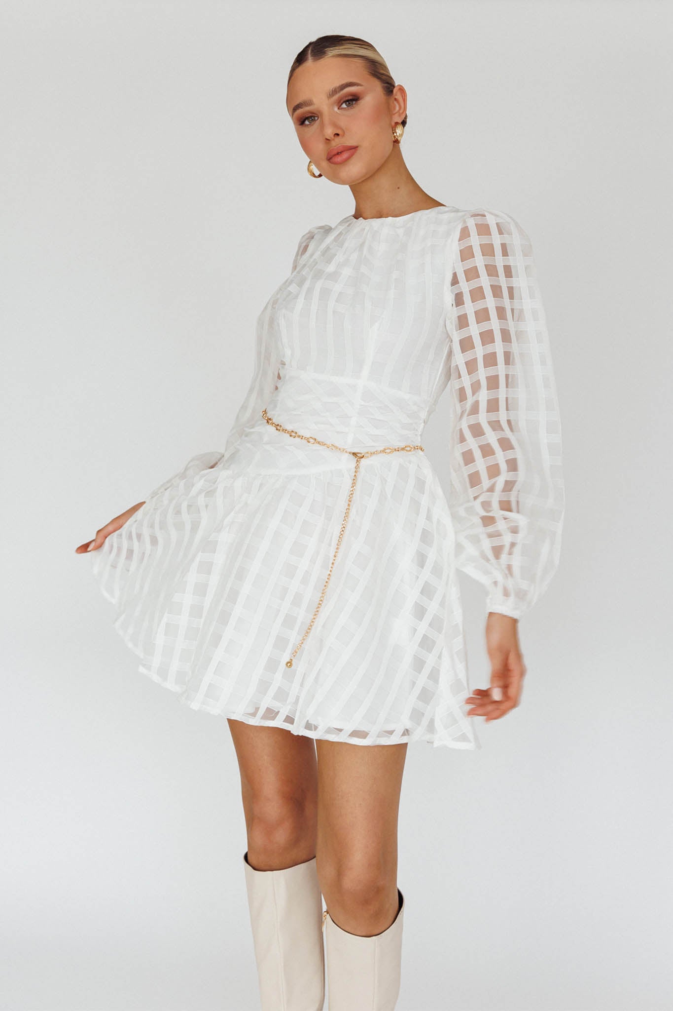 Tatiana Long Sleeve Plaid Mini Dress White-Maymioy