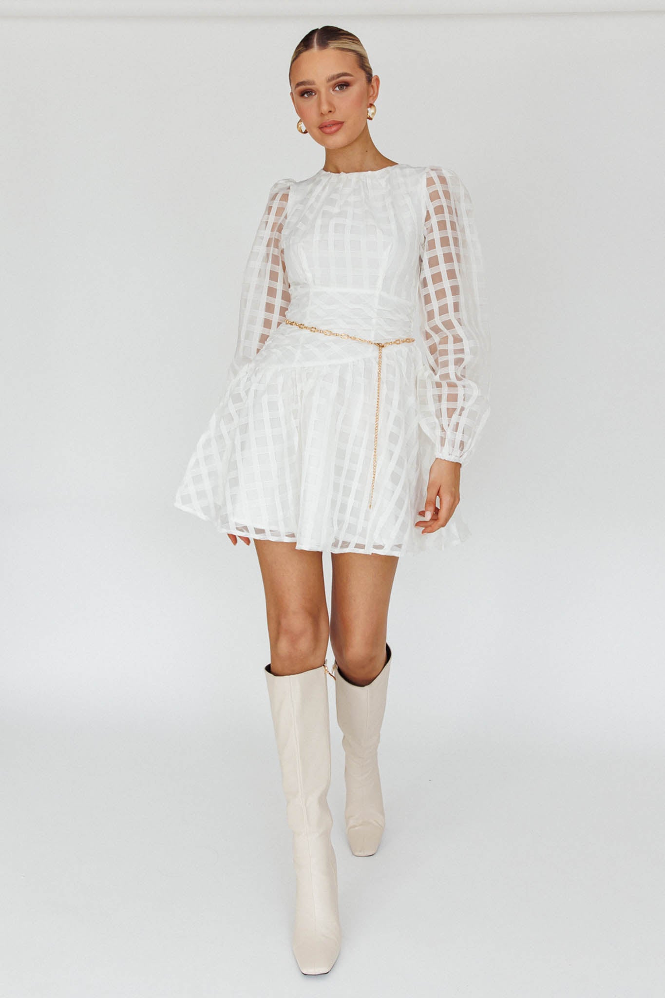 Tatiana Long Sleeve Plaid Mini Dress White-Maymioy