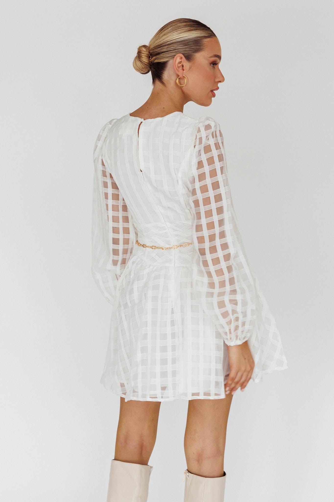 Tatiana Long Sleeve Plaid Mini Dress White-Maymioy