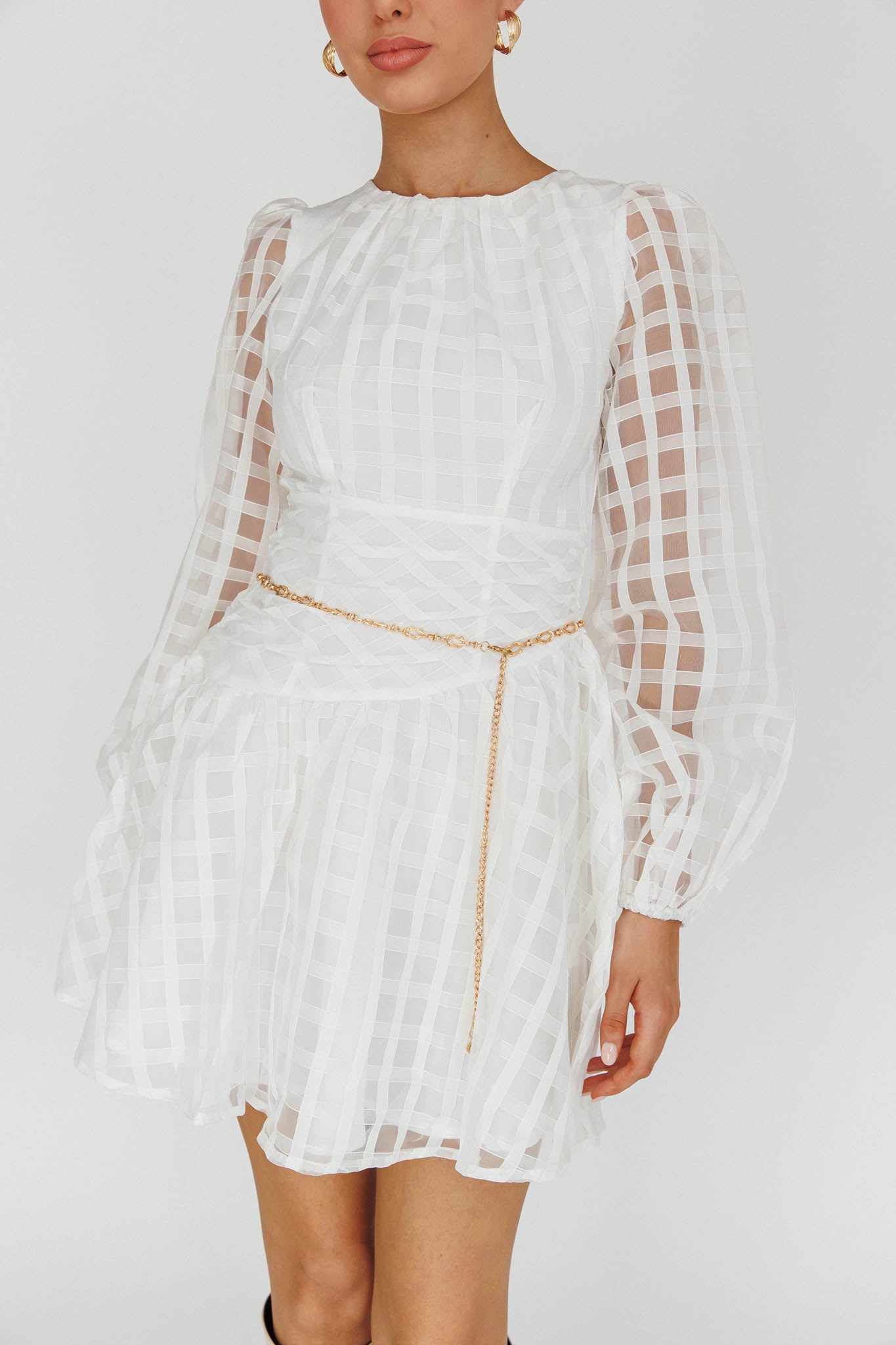 Tatiana Long Sleeve Plaid Mini Dress White-Maymioy