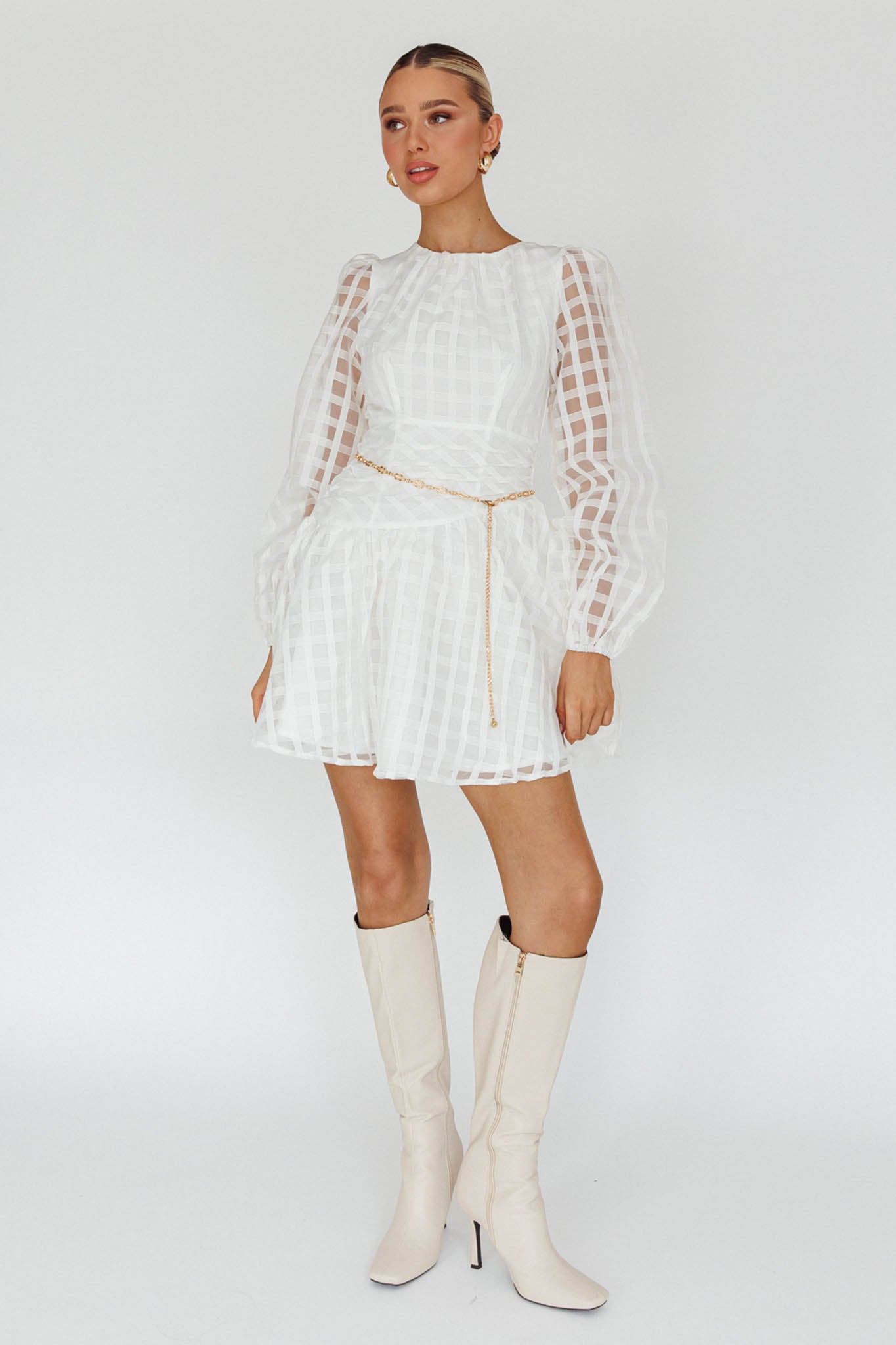 Tatiana Long Sleeve Plaid Mini Dress White-Maymioy